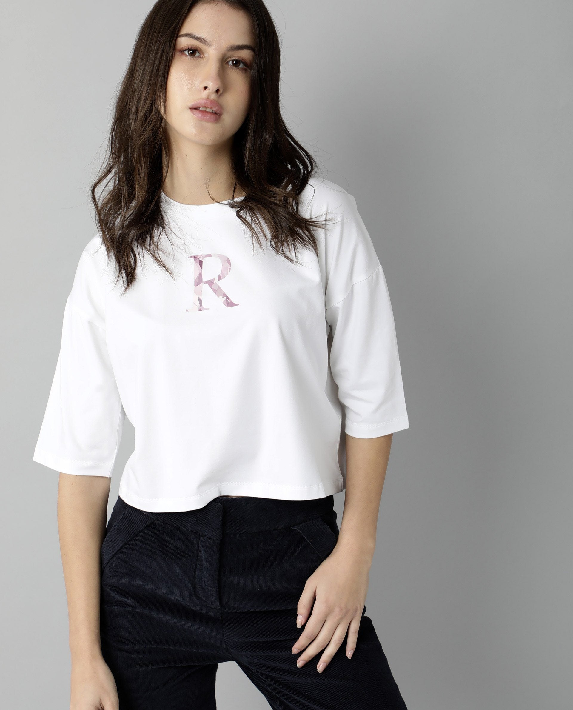 Rareism Womens Kaput White T-Shirt Crew Neck Cotton Nylon Fabric Regular Fit Round Neck