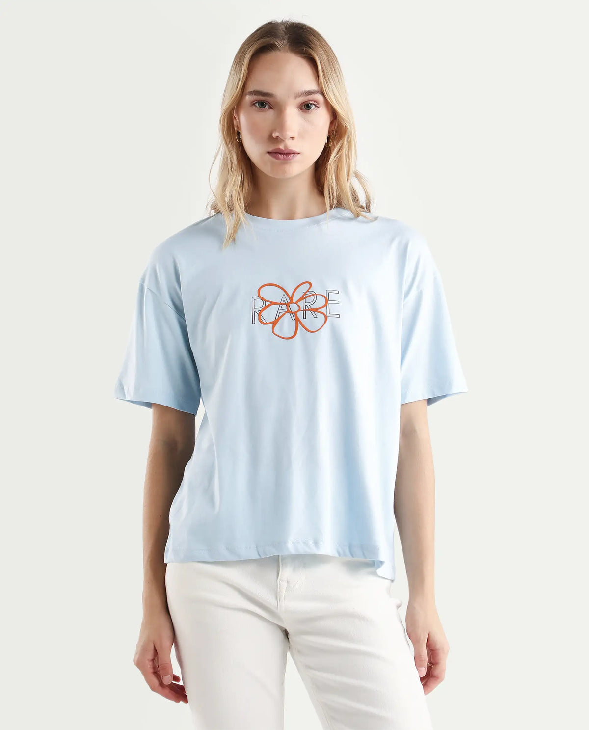 Rareism Women's Karen Light Blue Cotton Blend Crew Neck Graphic Print Boxy Fit T-Shirt