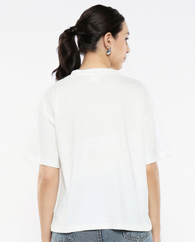 Rareism Women Karen Off White Cotton Poly Fabric Short Sleeve Crew Neck Solid T-Shirt