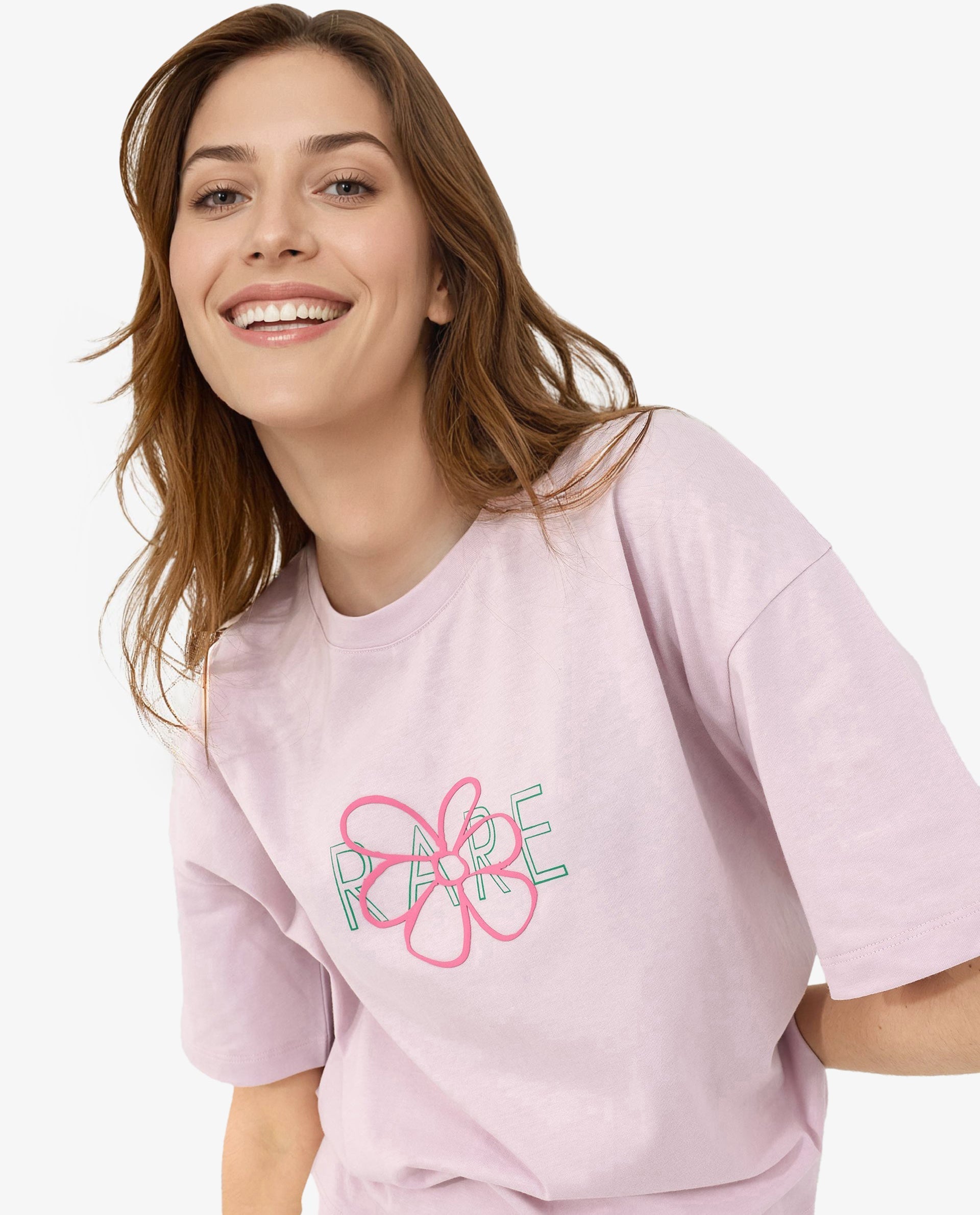 Rareism Women Karen Pastel Pink Cotton Poly Fabric Short Sleeve Crew Neck Solid T-Shirt