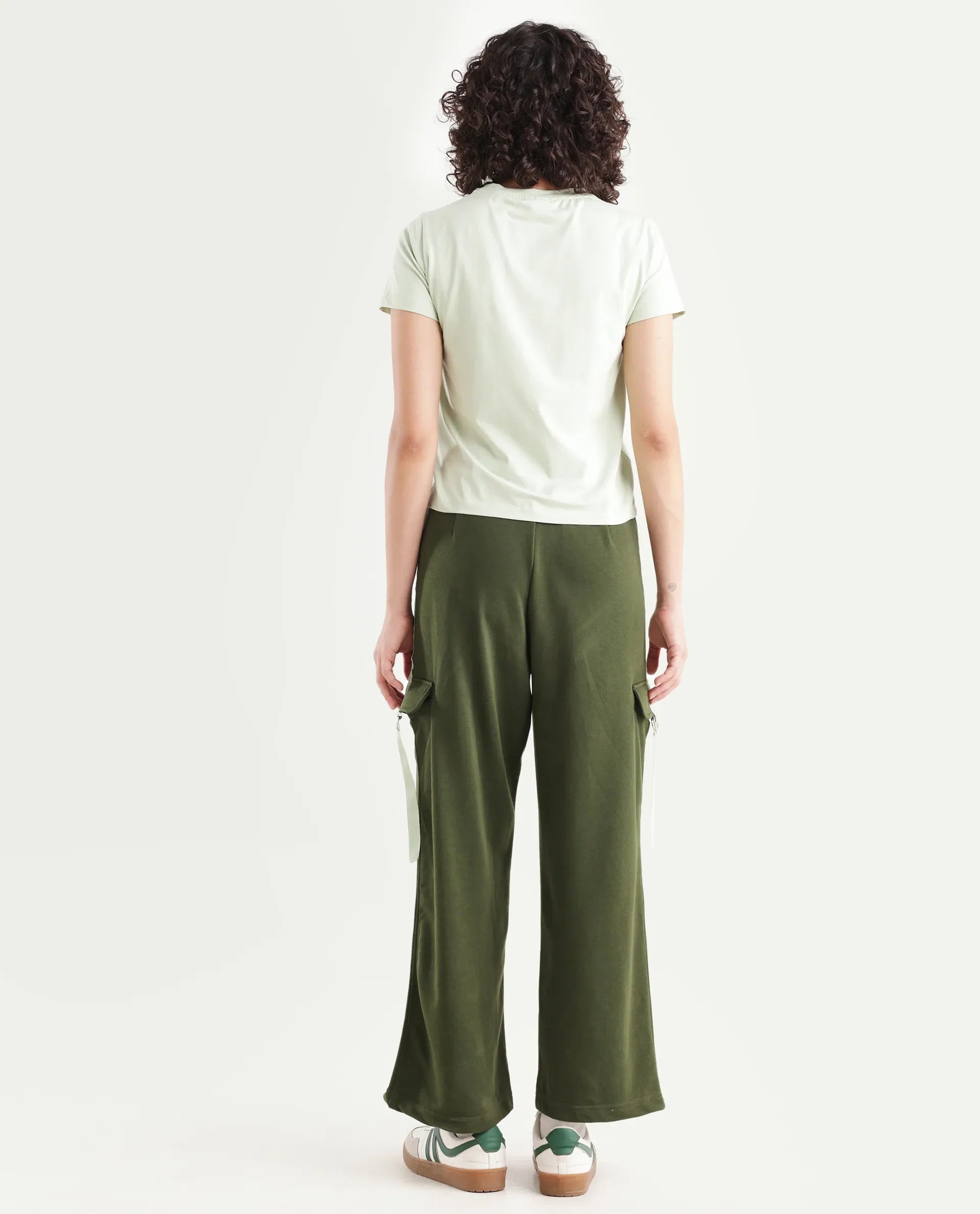 Rareism Women's Kar Olive Cotton Blend Plain Ankle Length Wide Track Pant