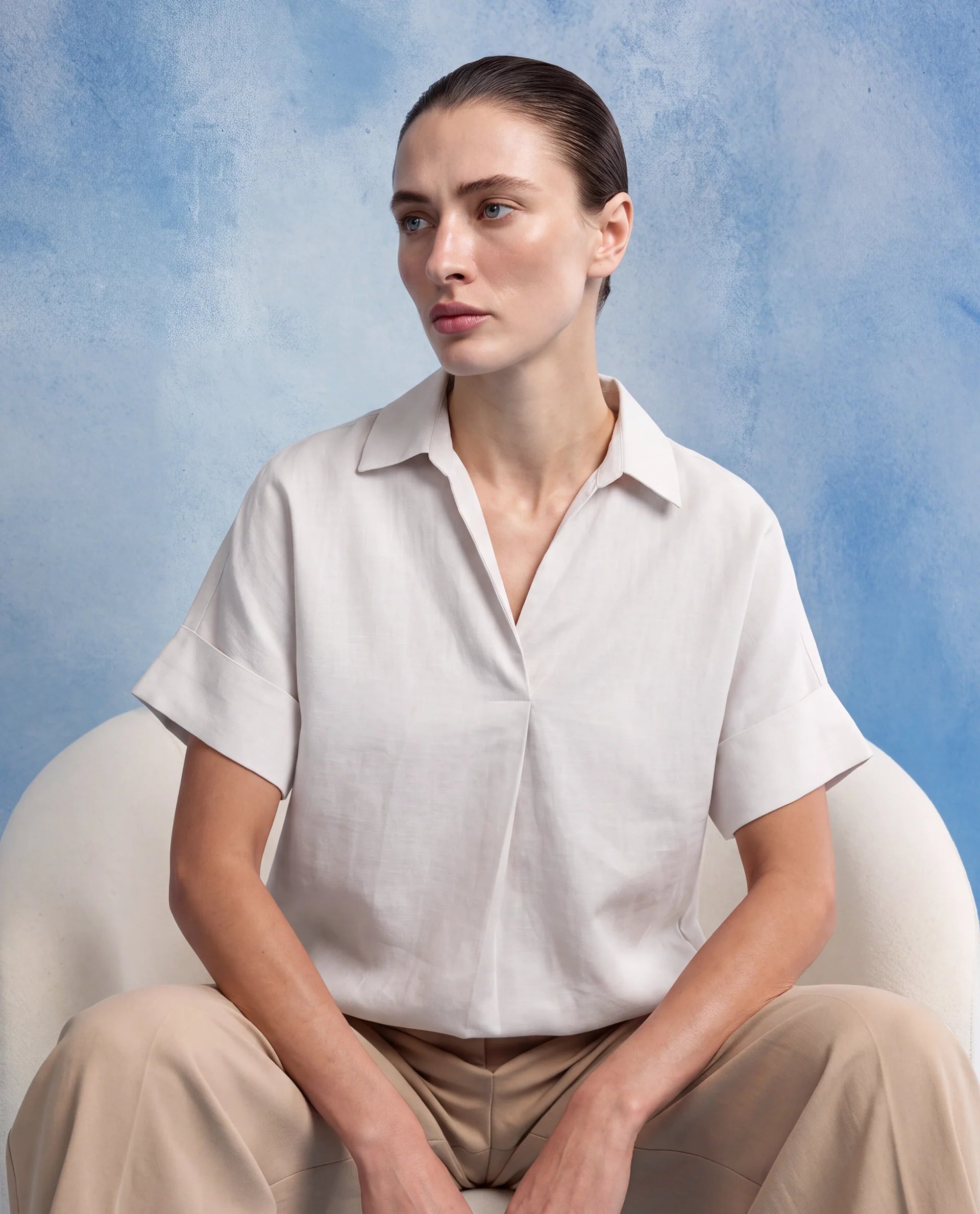 Rareism Women's Kasa Beige Linen Blend Johnny Collar Regular Plain Top