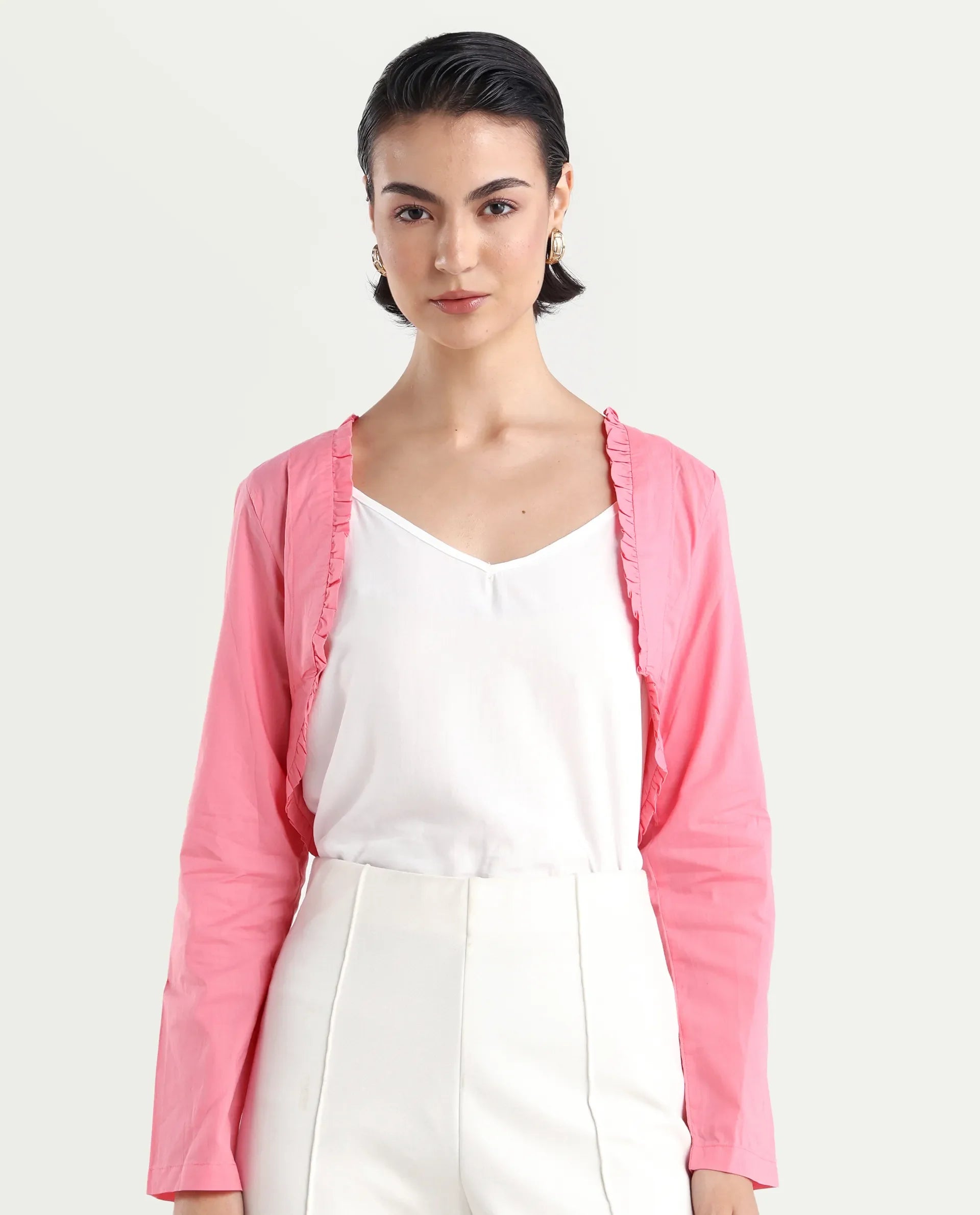 Rareism Women's Kathy Overlay Pink Cotton V-Neck Plain Crop Relaxed Fit Shrug