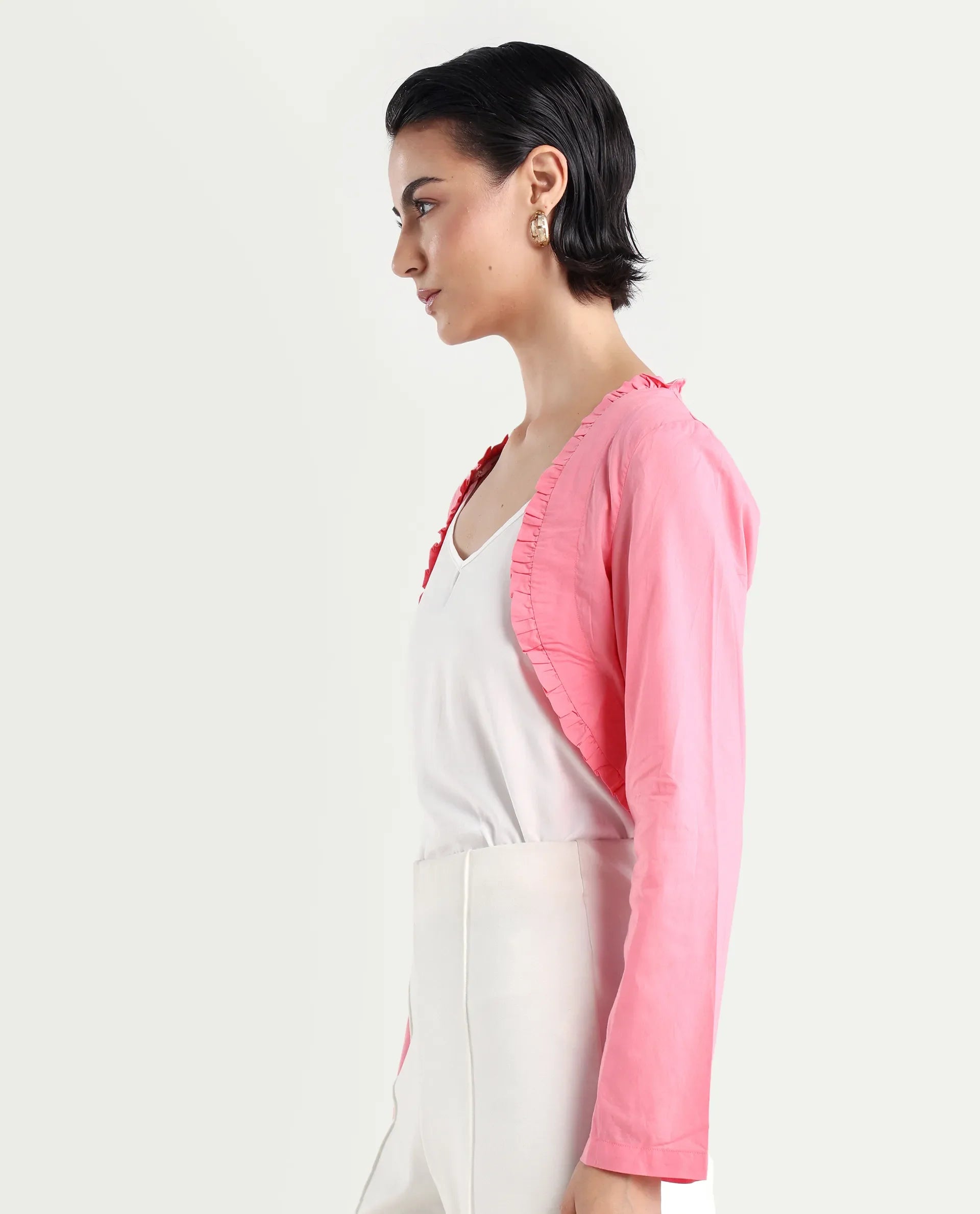 Rareism Women's Kathy Overlay Pink Cotton V-Neck Plain Crop Relaxed Fit Shrug