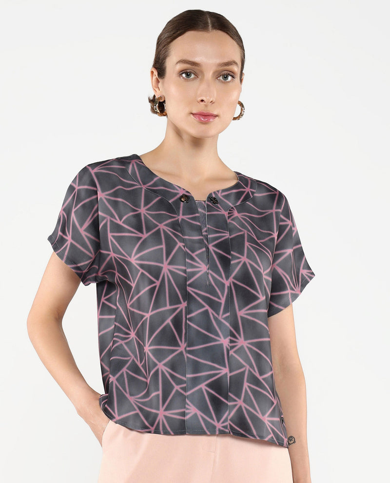 Rareism Women Katya Grey Extended Sleeves Abstract Print Top