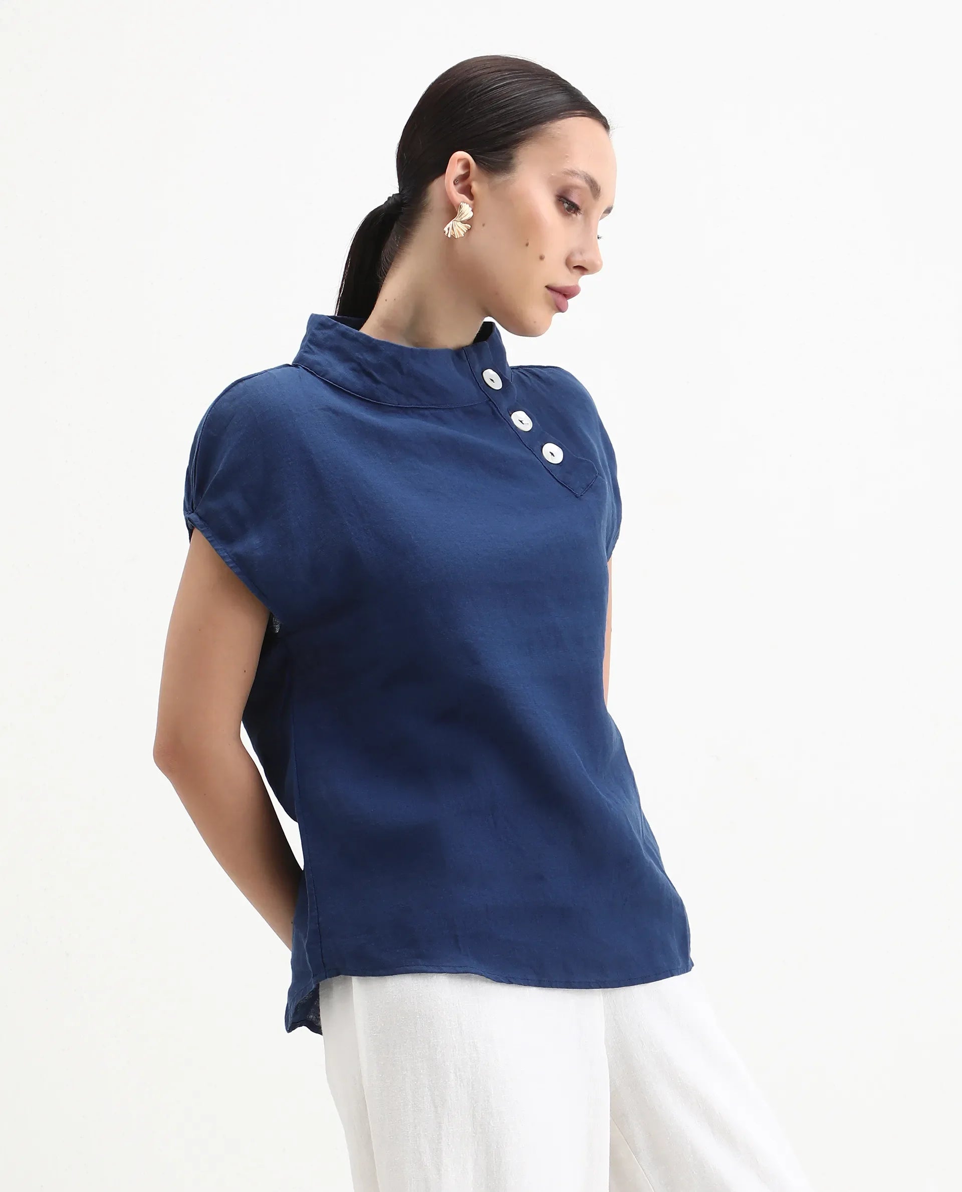 Rareism Women's Kavier Blue Linen High Neck Plain Knee Length Regular Fit Top