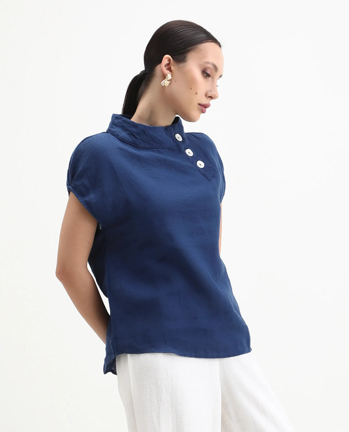 Rareism Women's Kavier Blue Linen High Neck Plain Knee Length Regular Fit Top