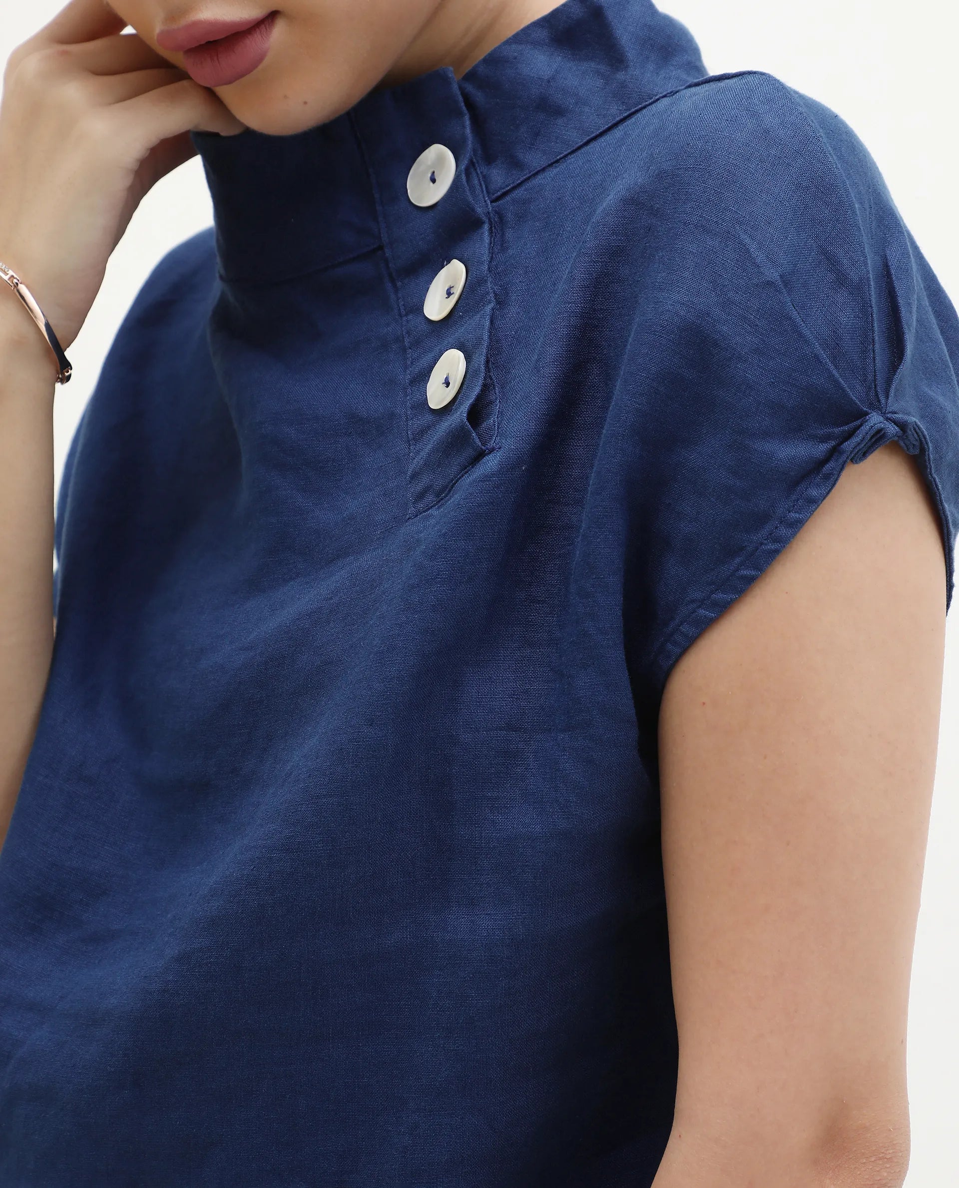 Rareism Women's Kavier Blue Linen High Neck Plain Knee Length Regular Fit Top