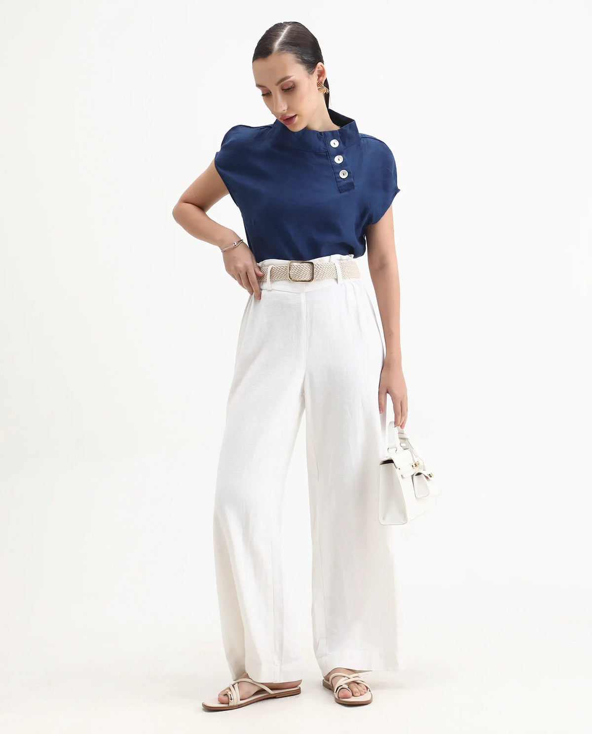 Rareism Women's Kavier Blue Linen High Neck Plain Knee Length Regular Fit Top