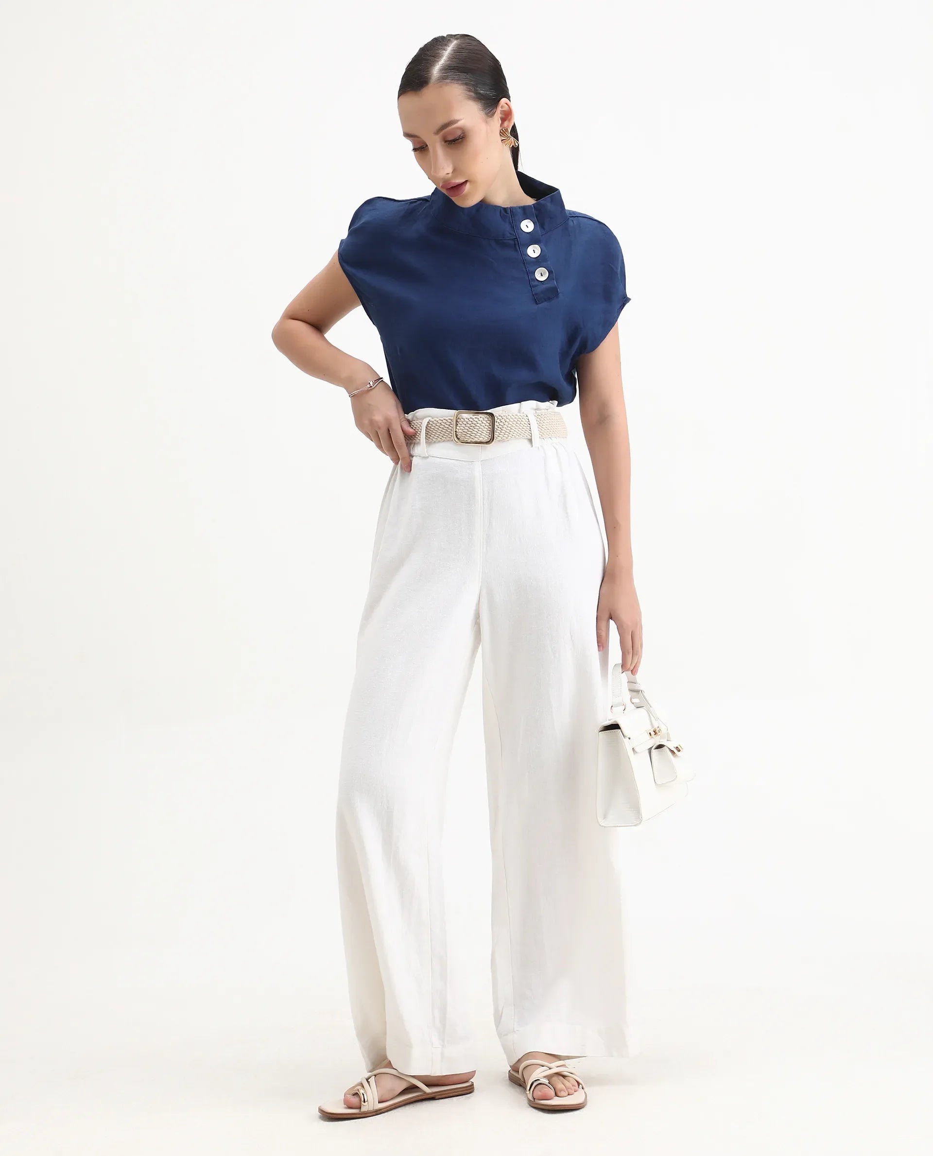 Rareism Women's Kavier Blue Linen High Neck Plain Knee Length Regular Fit Top