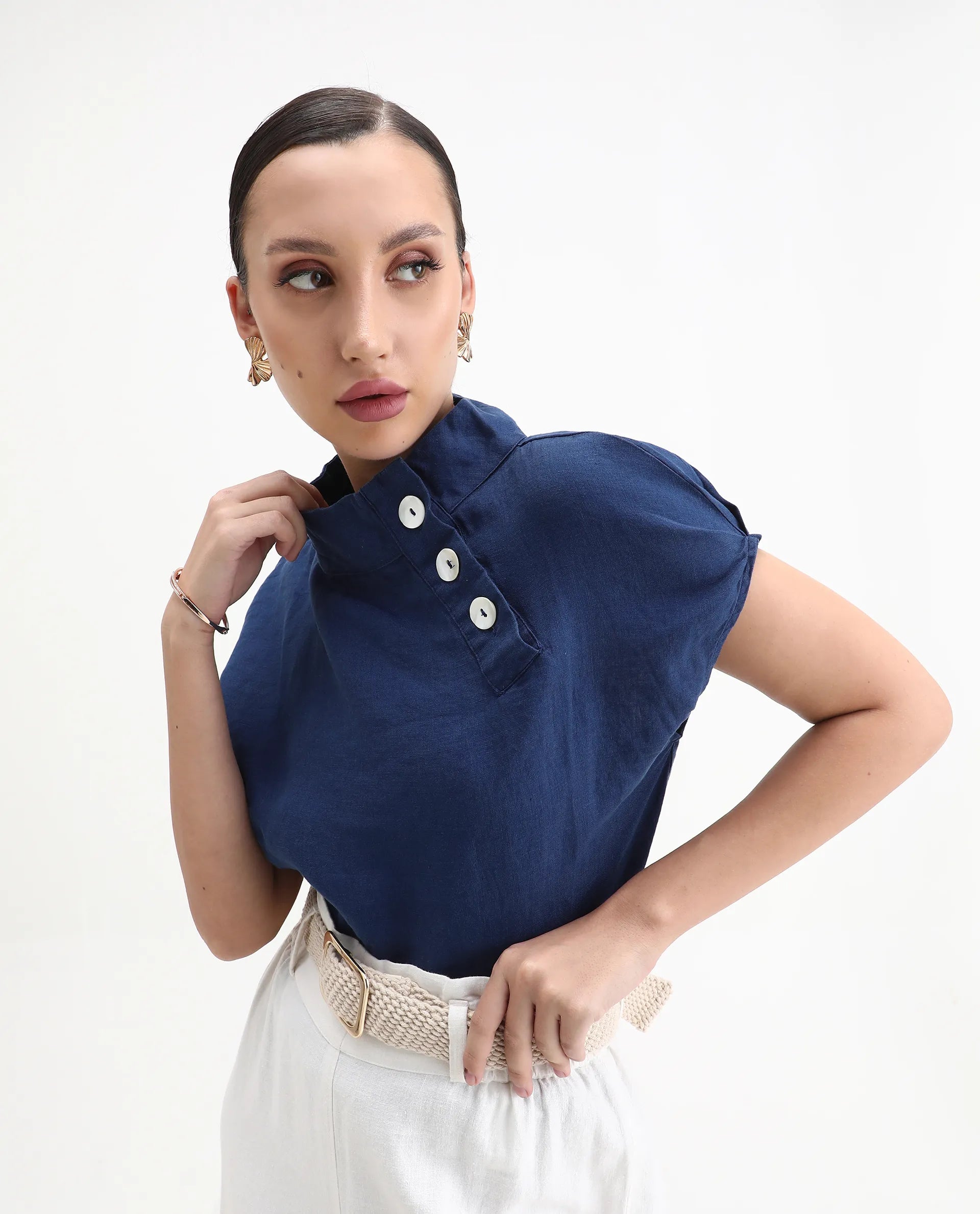 Rareism Women's Kavier Blue Linen High Neck Plain Knee Length Regular Fit Top