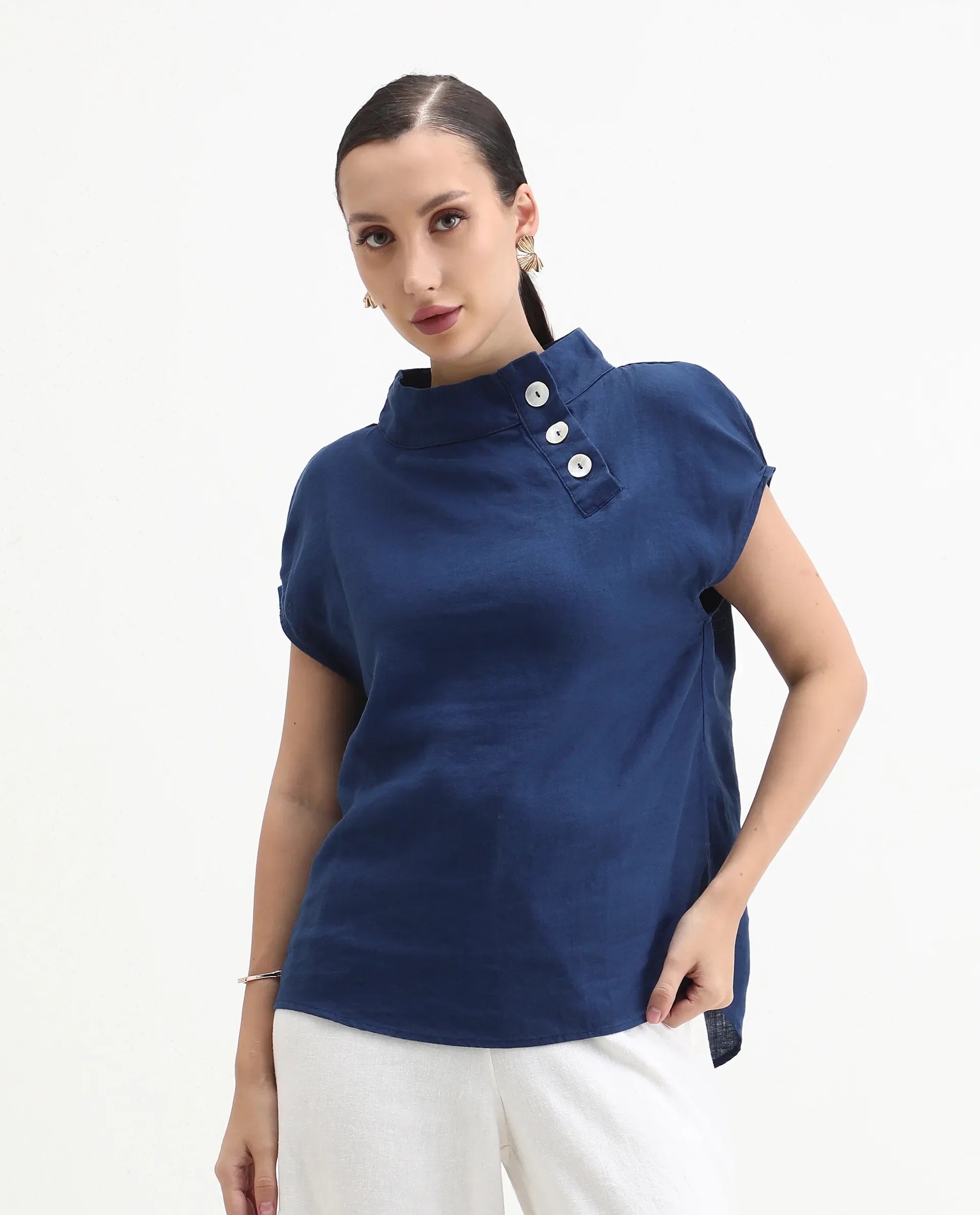 Rareism Women's Kavier Blue Linen High Neck Plain Knee Length Regular Fit Top