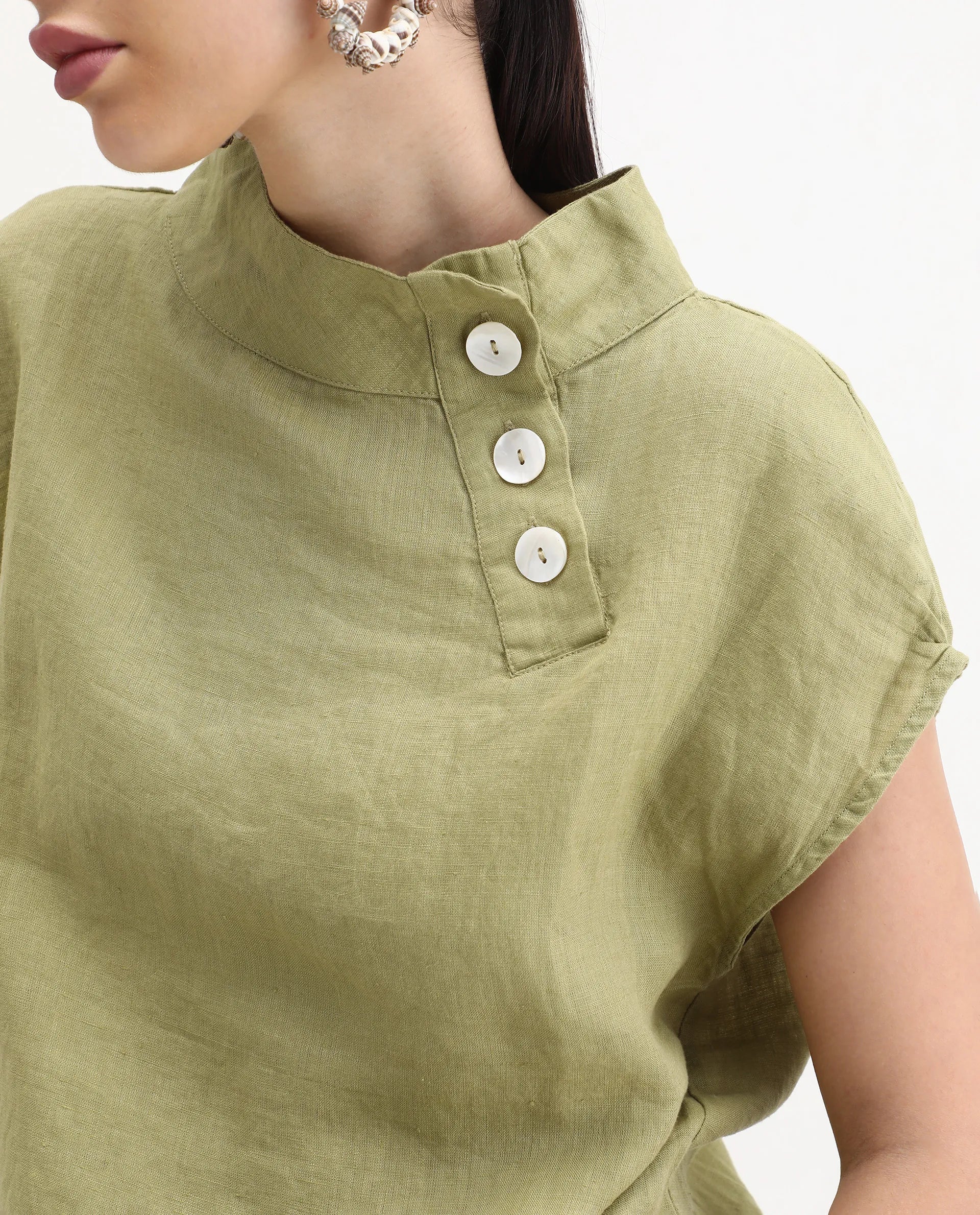 Rareism Women's Kavier Green Linen High Neck Plain Regular Fit Top