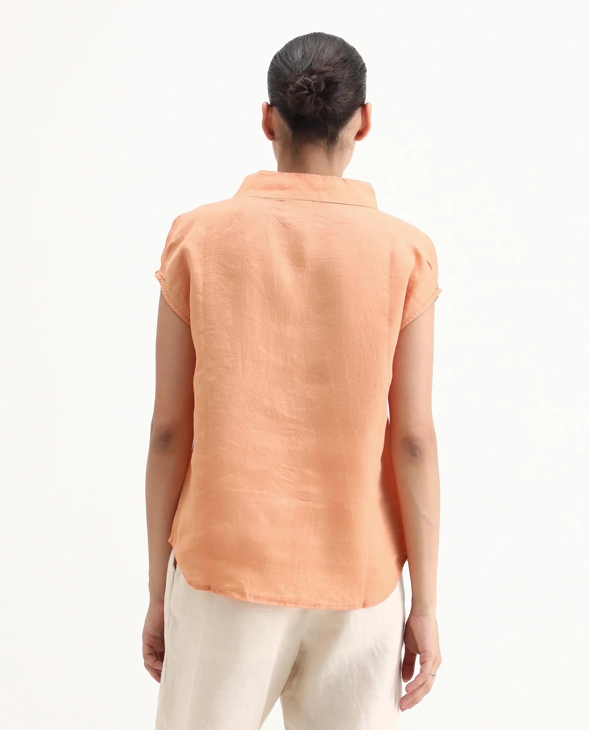 Rareism Women's Kavier Orange Linen High Neck Plain Regular Fit Top