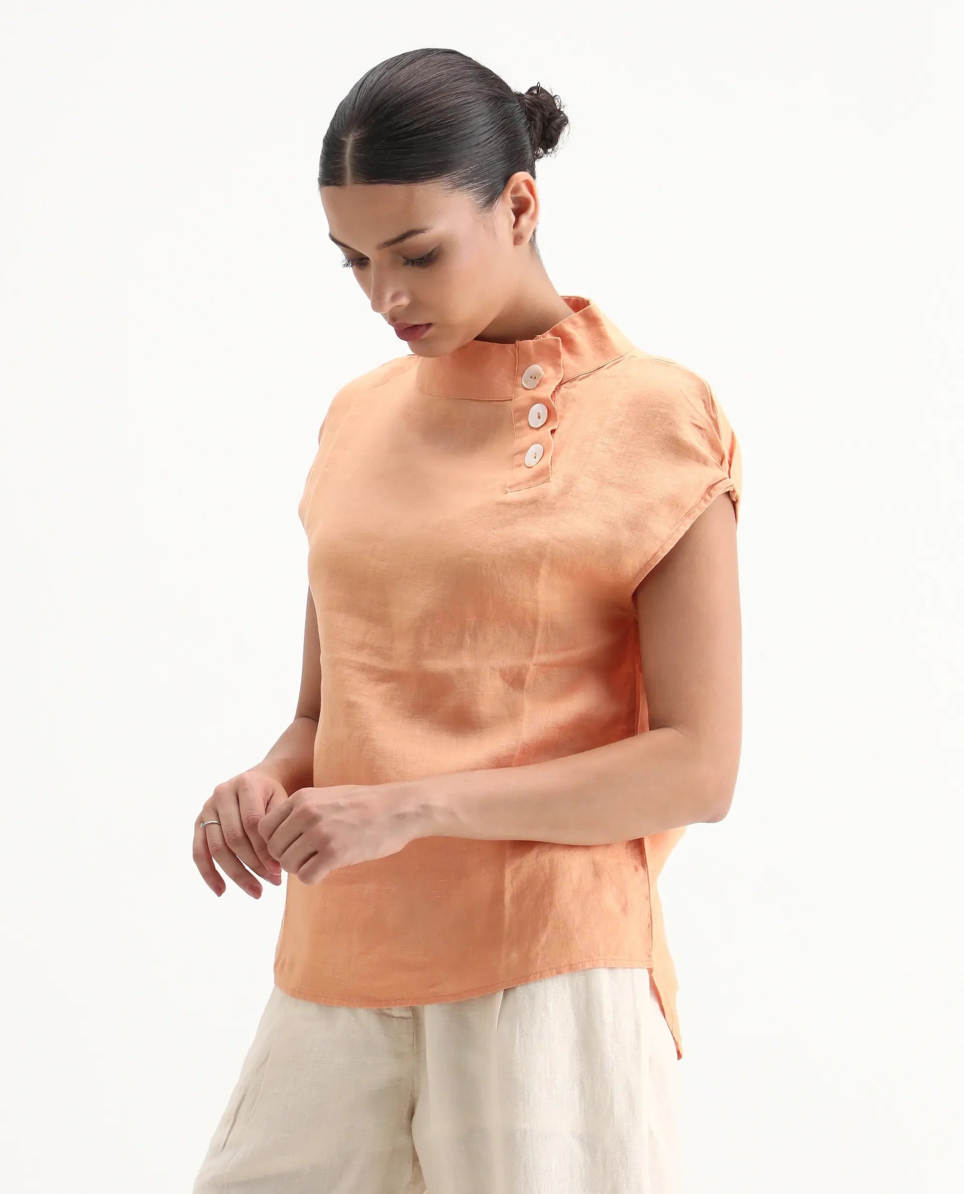 Rareism Women's Kavier Orange Linen High Neck Plain Regular Fit Top