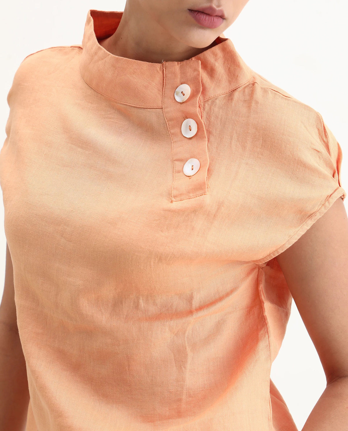 Rareism Women's Kavier Orange Linen High Neck Plain Regular Fit Top