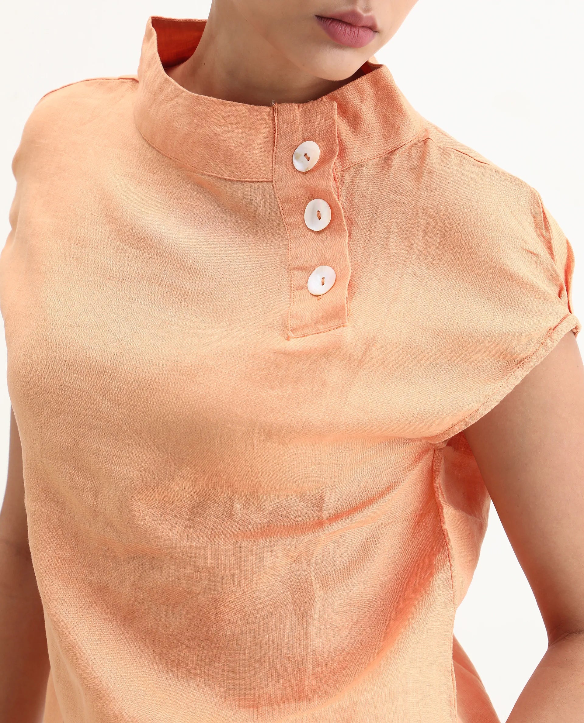 Rareism Women's Kavier Orange Linen High Neck Plain Regular Fit Top