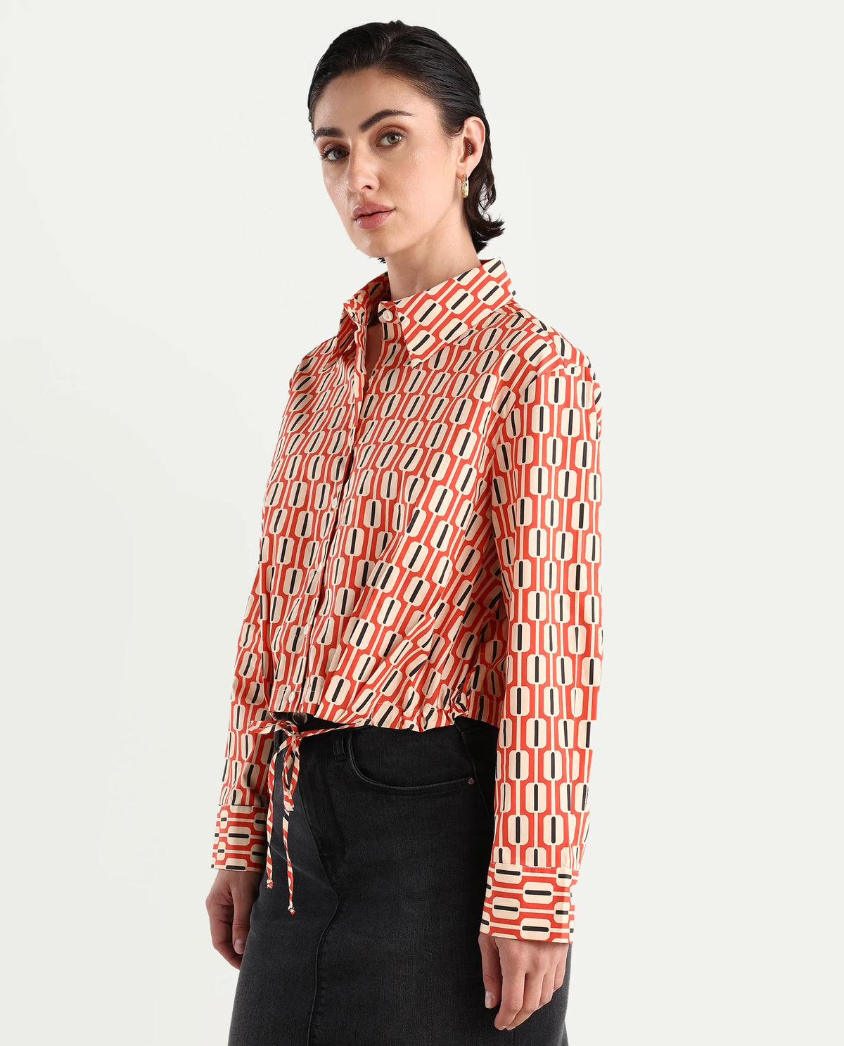 Rareism Women's Kayline Multi Cotton Blend Drop Collar Geometric Print Cuffed Sleeve Crop Regular Fit Top