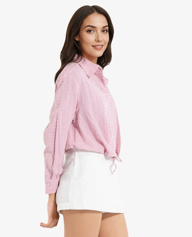 Rareism Women Kaylo Pink Cuffed Sleeve Collared Neck Button Closure Cropped Plain Top