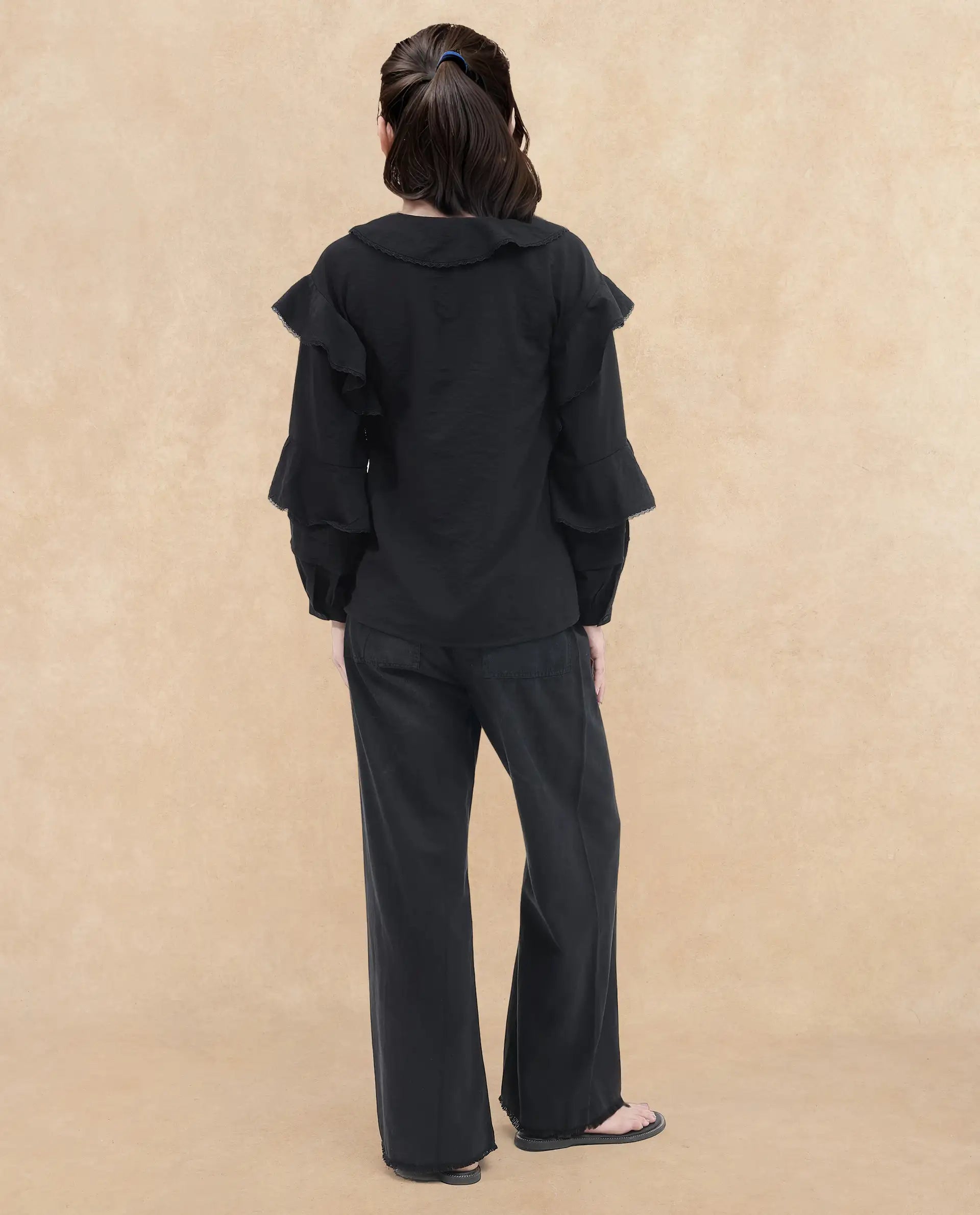 Rareism Women's Kei-T Black Nylon Blend Peter Pan Collar Plain Bishop Sleeve Relaxed Fit Top