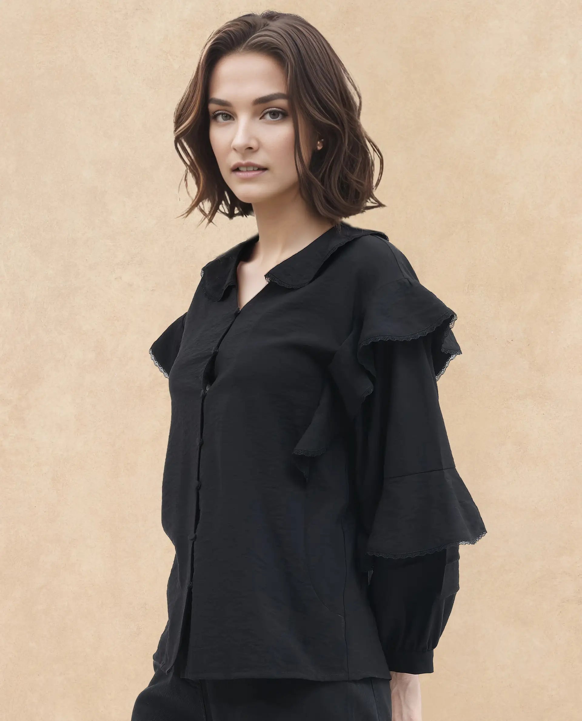 Rareism Women's Kei-T Black Nylon Blend Peter Pan Collar Plain Bishop Sleeve Relaxed Fit Top