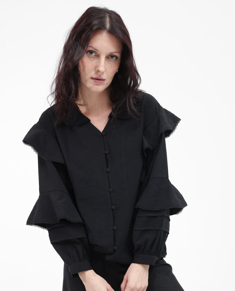 Rareism Women Kei-T Black Poly Viscose Button Closure Bishop Sleeve Peter Pan Neck Relaxed Fit Plain Top