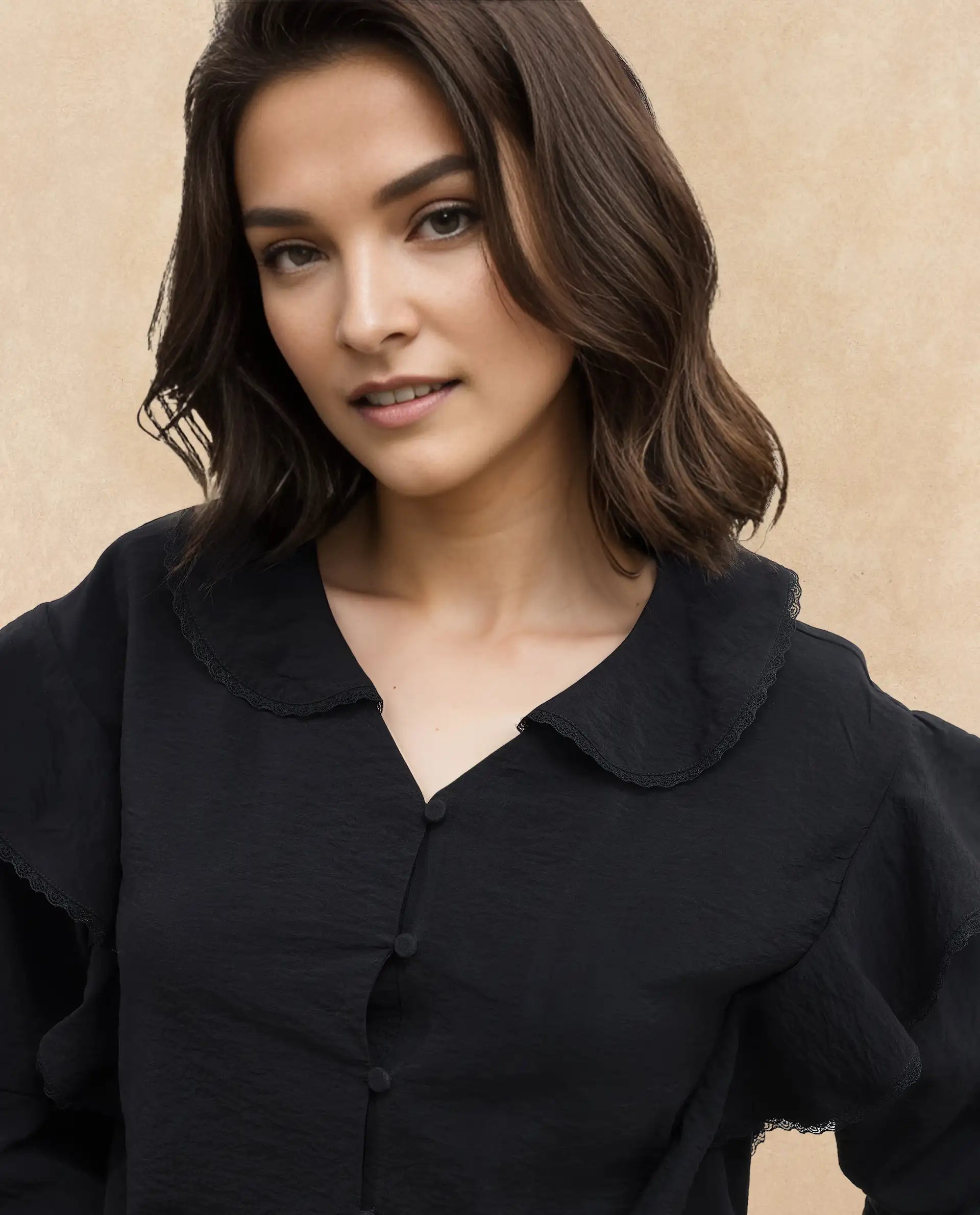 Rareism Women's Kei-T Black Nylon Blend Peter Pan Collar Plain Bishop Sleeve Relaxed Fit Top