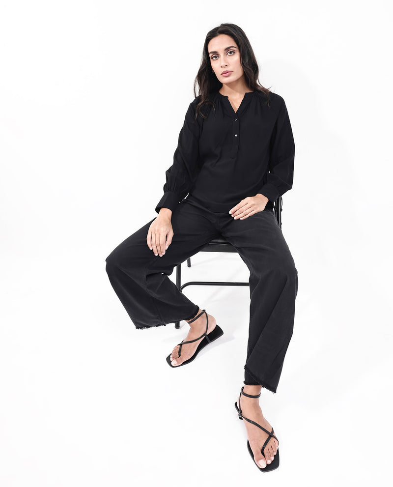 Rareism Women'S Kella Black Viscose Fabric Full Sleeve Round Neck Embroidered Top
