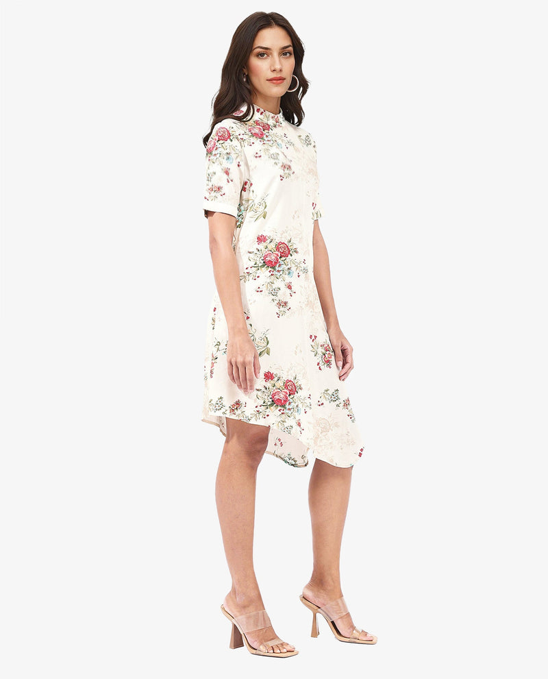 Rareism Women Kellogs Light Multi Button Closure Short Sleeve High Neck Floral Print Knee Length Dress