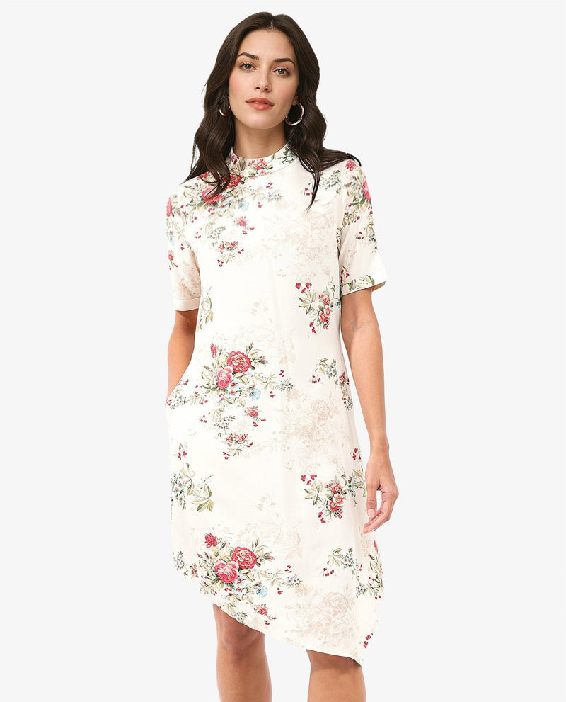 Rareism Women Kellogs Light Multi Button Closure Short Sleeve High Neck Floral Print Knee Length Dress