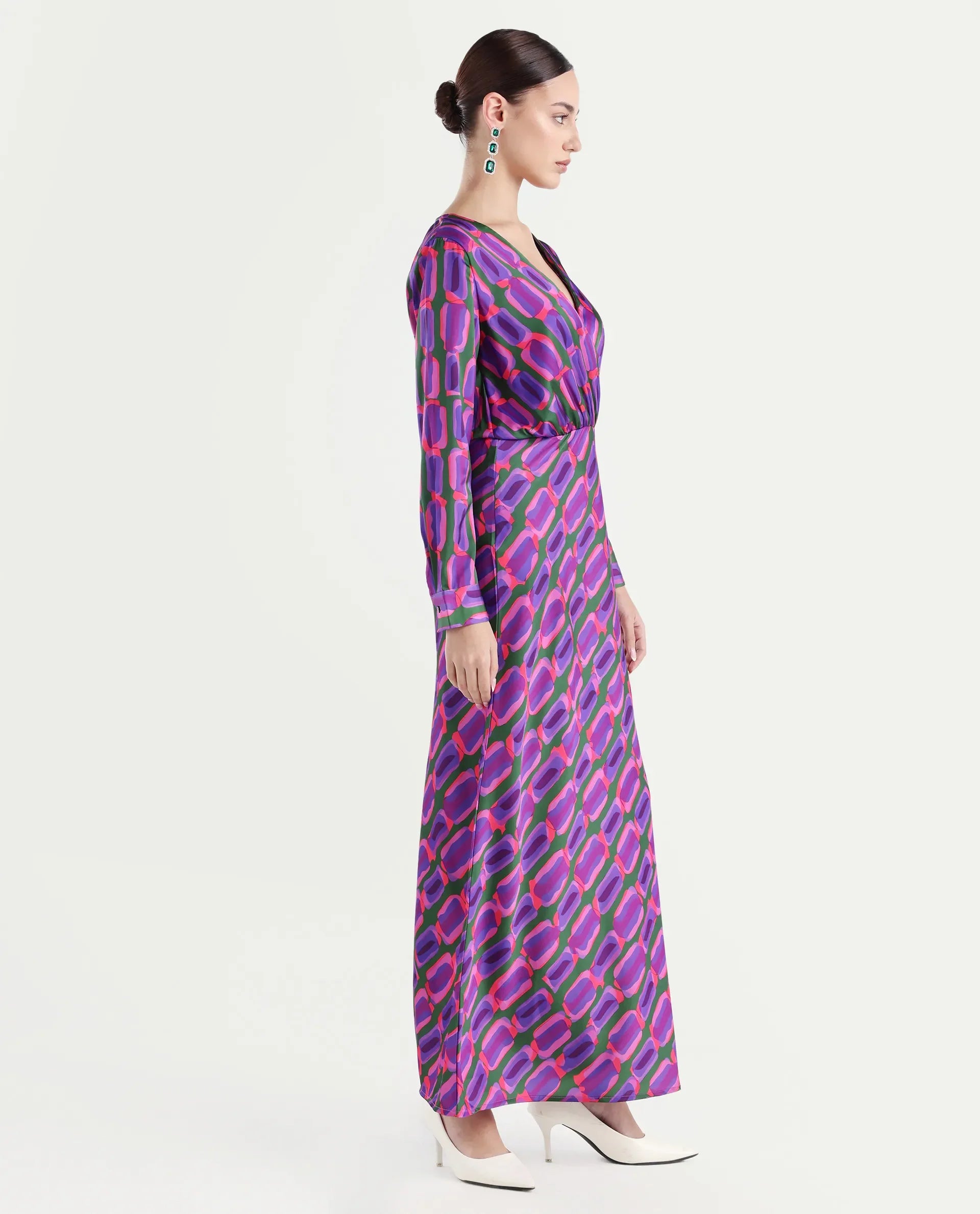 Rareism Women's Kenra Purple Polyester Collarless Geometric Print Maxi Relaxed Fit Dress