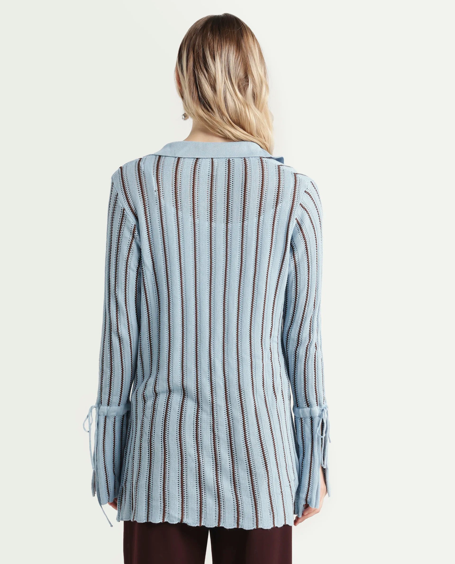 Rareism Women's Kentya Light Blue Viscose Johnny Collar Striped Regular Fit Shrug