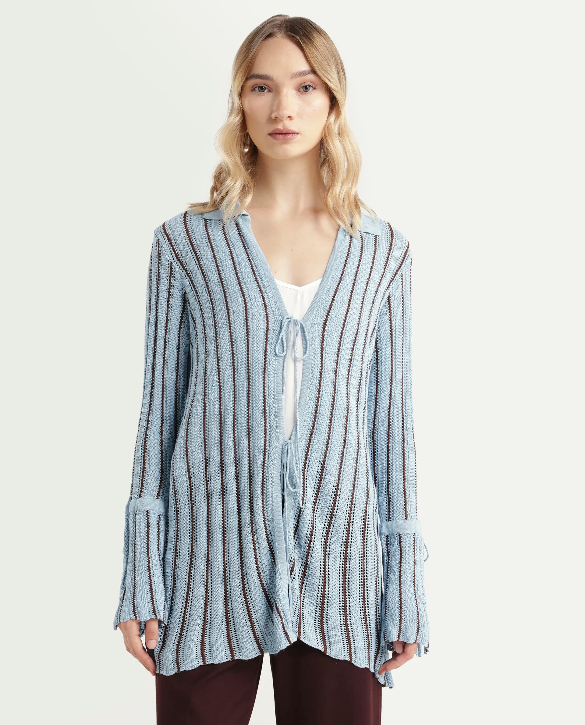 Rareism Women's Kentya Light Blue Viscose Johnny Collar Striped Regular Fit Shrug