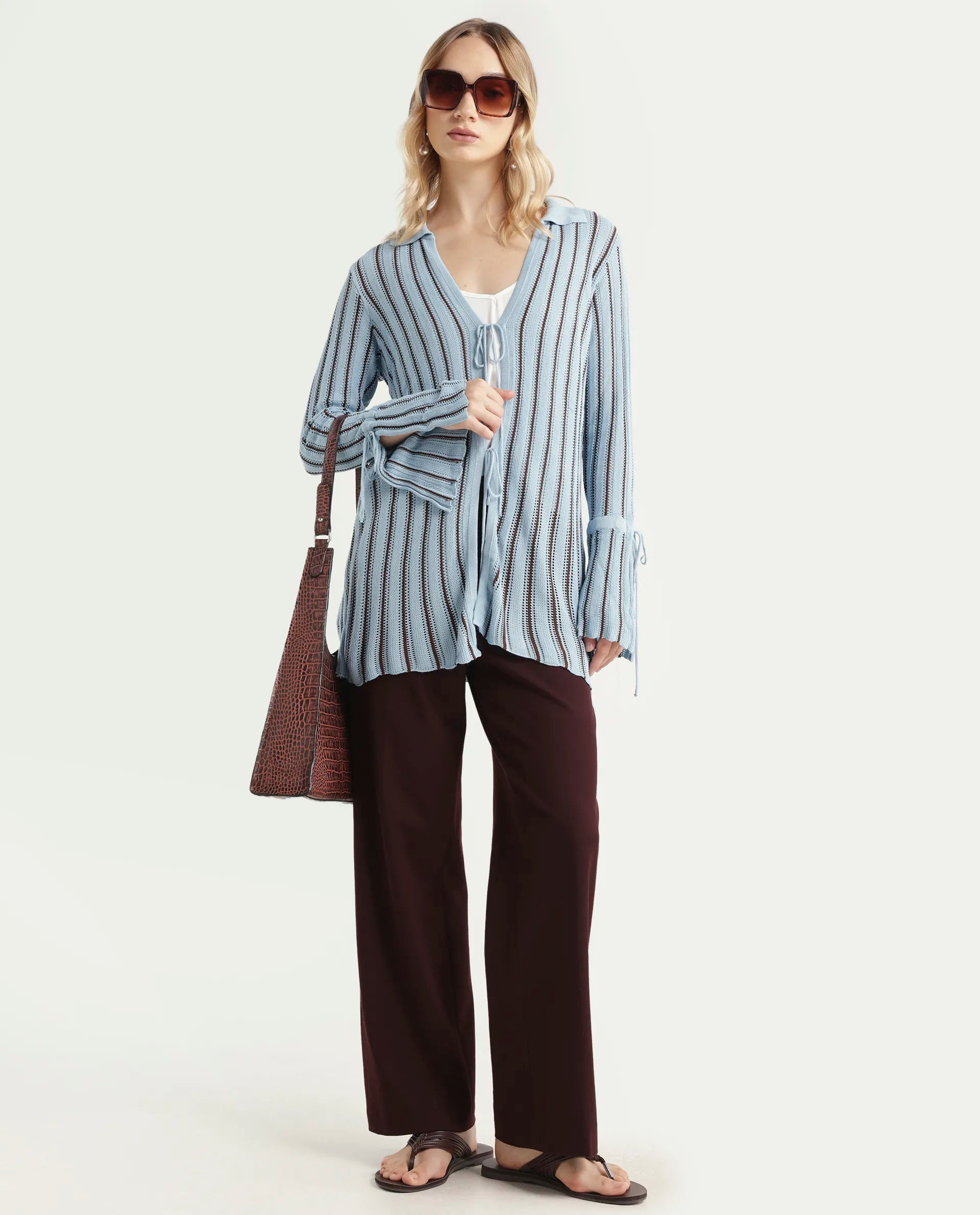 Rareism Women's Kentya Light Blue Viscose Johnny Collar Striped Regular Fit Shrug