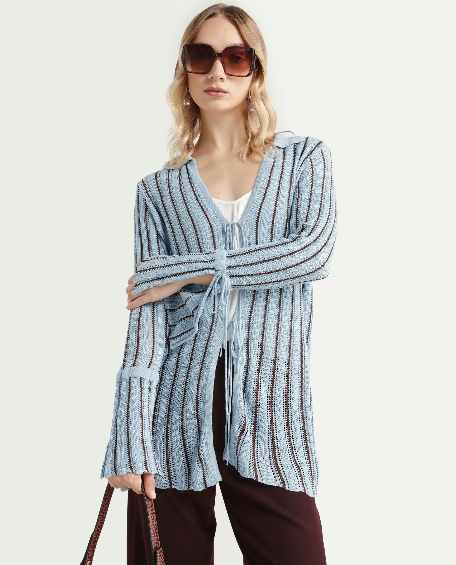 Rareism Women's Kentya Light Blue Viscose Johnny Collar Striped Regular Fit Shrug