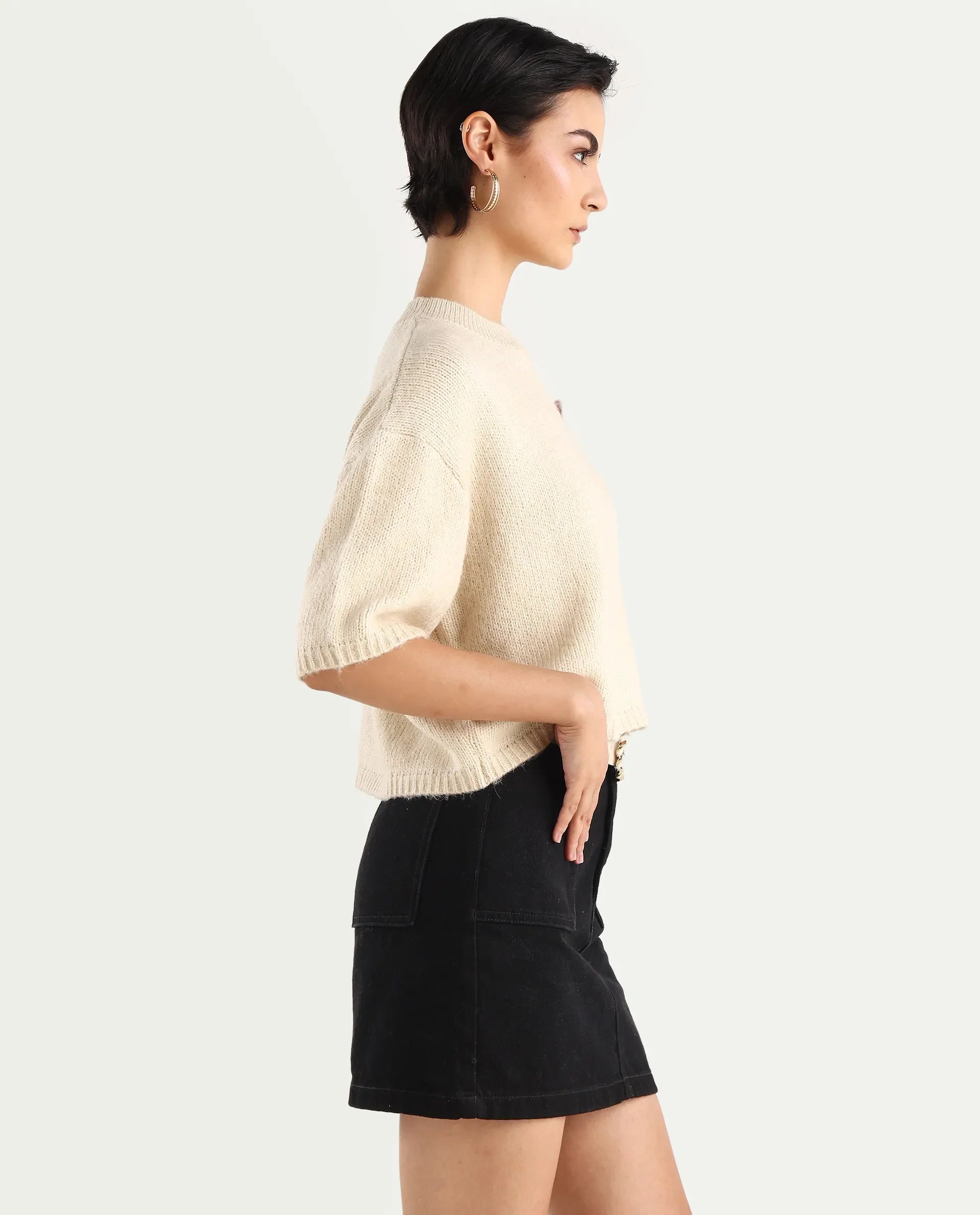 Rareism Women's Kenty Light Beige Acrylic Crew Neck Striped Crop Relaxed Fit Sweater