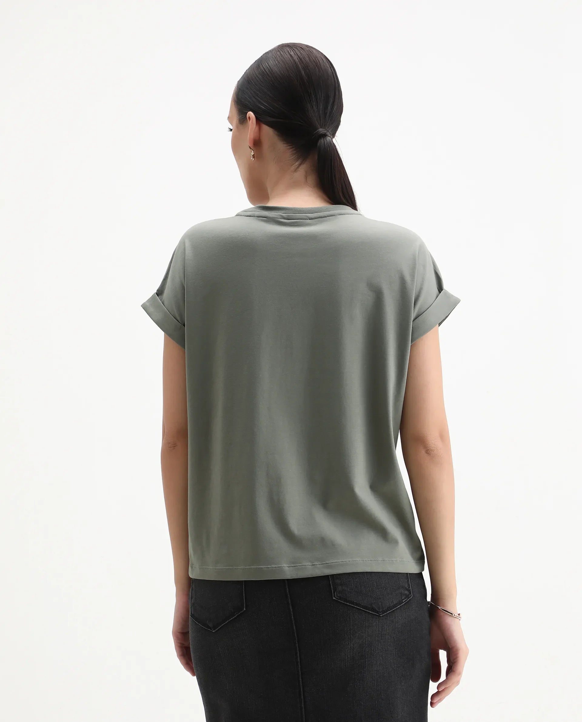 Rareism Women's Kerl Dusky Green Cotton Blend Crew Neck Relaxed Fit T-Shirt