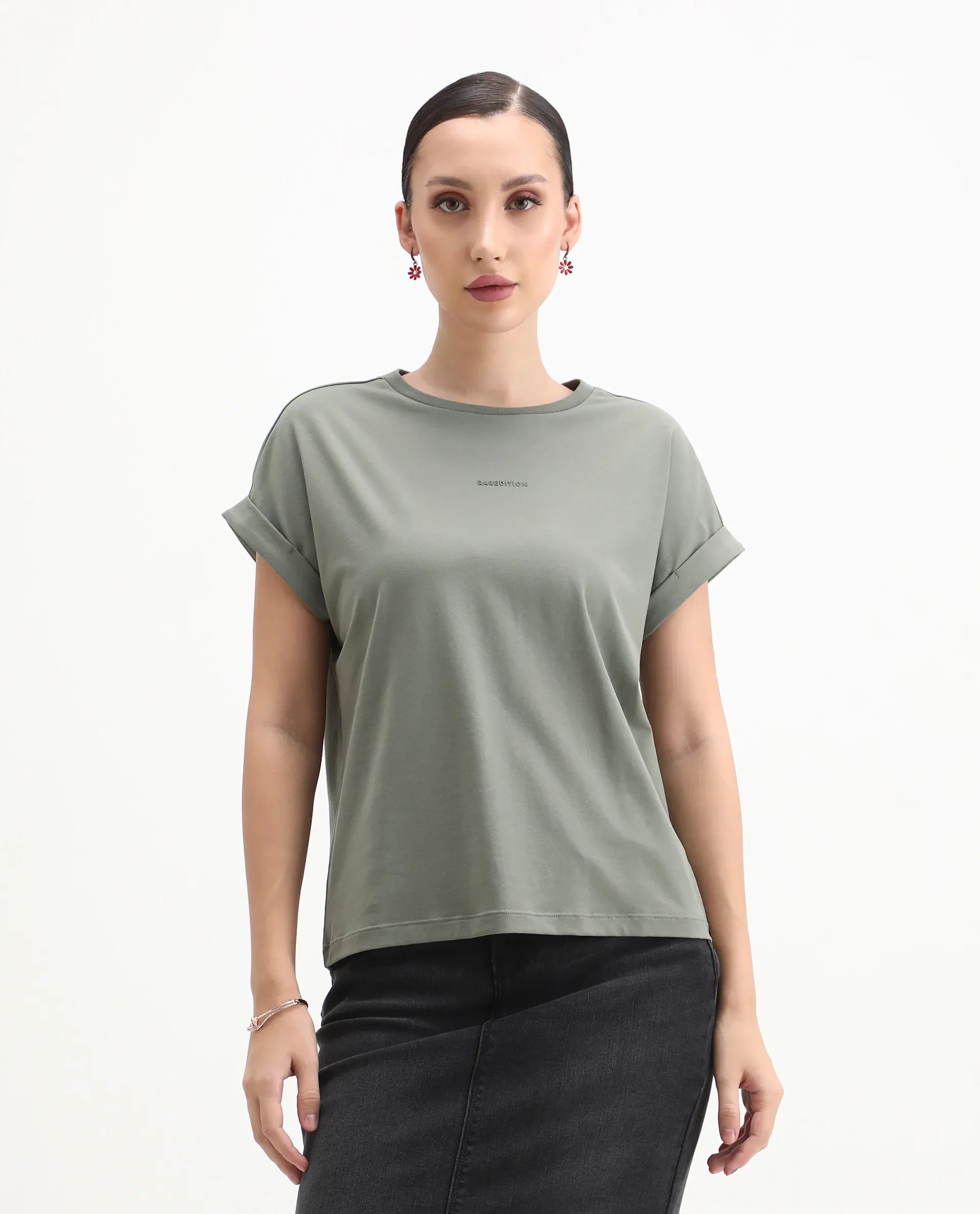 Rareism Women's Kerl Dusky Green Cotton Blend Crew Neck Relaxed Fit T-Shirt