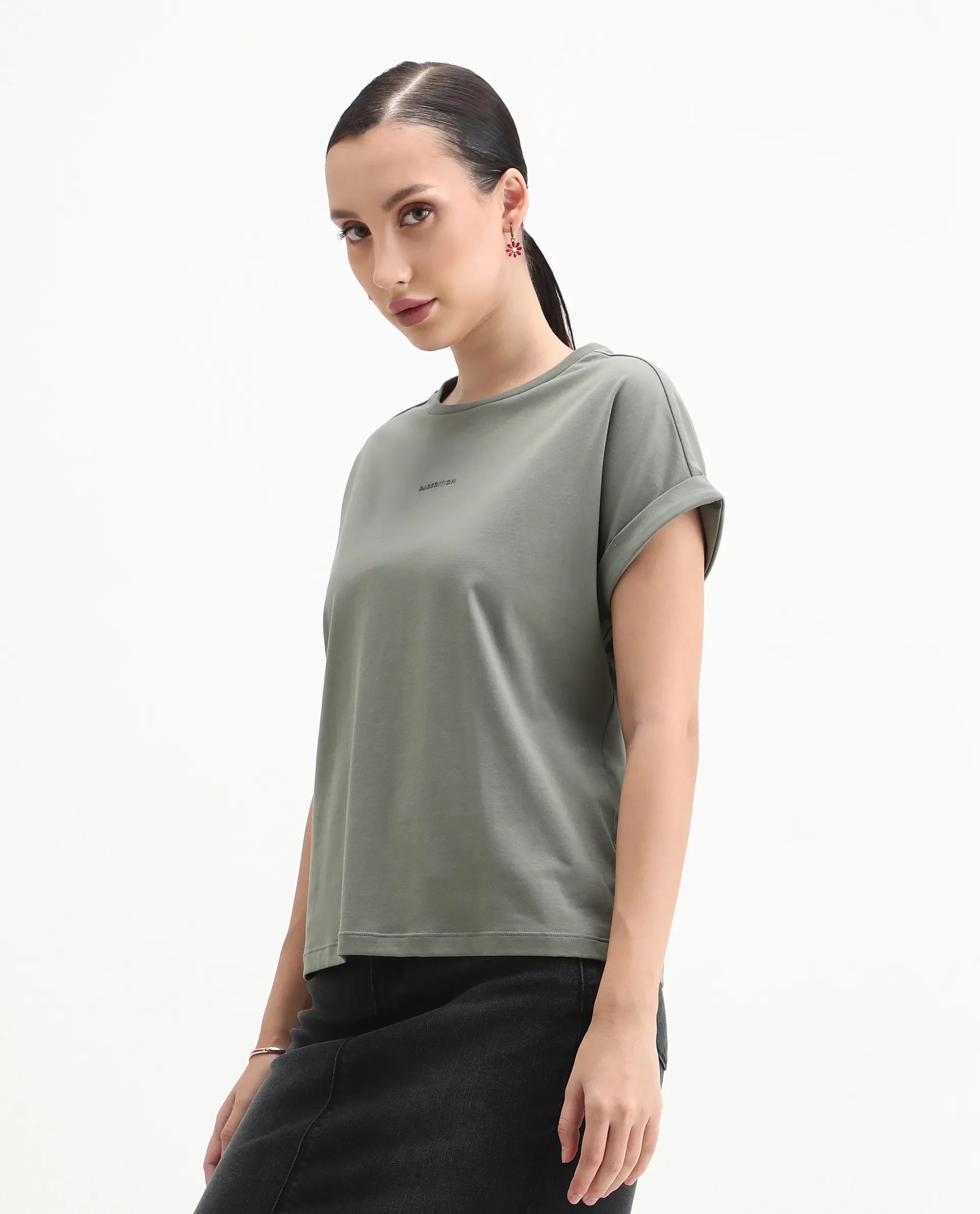 Rareism Women's Kerl Dusky Green Cotton Blend Crew Neck Relaxed Fit T-Shirt