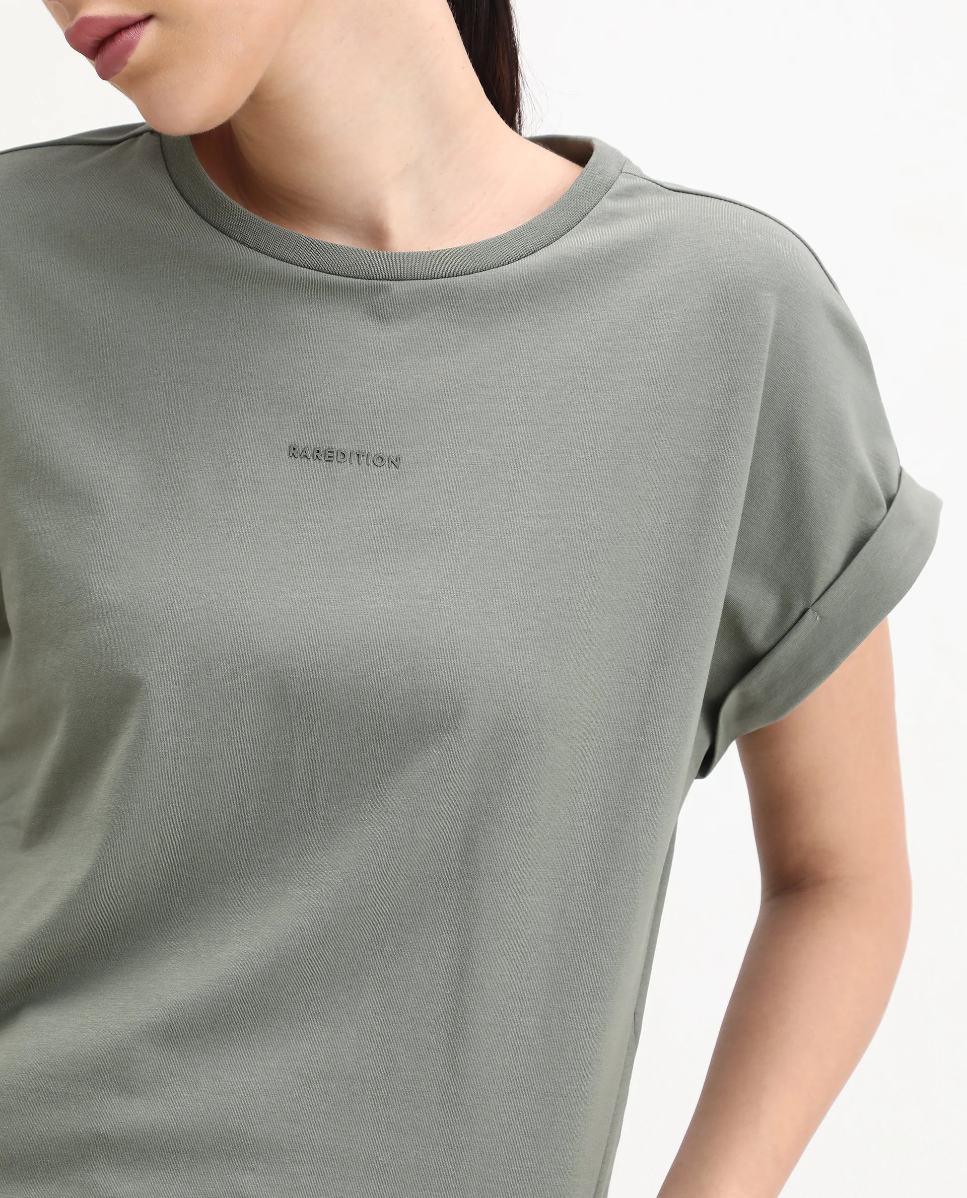 Rareism Women's Kerl Dusky Green Cotton Blend Crew Neck Relaxed Fit T-Shirt