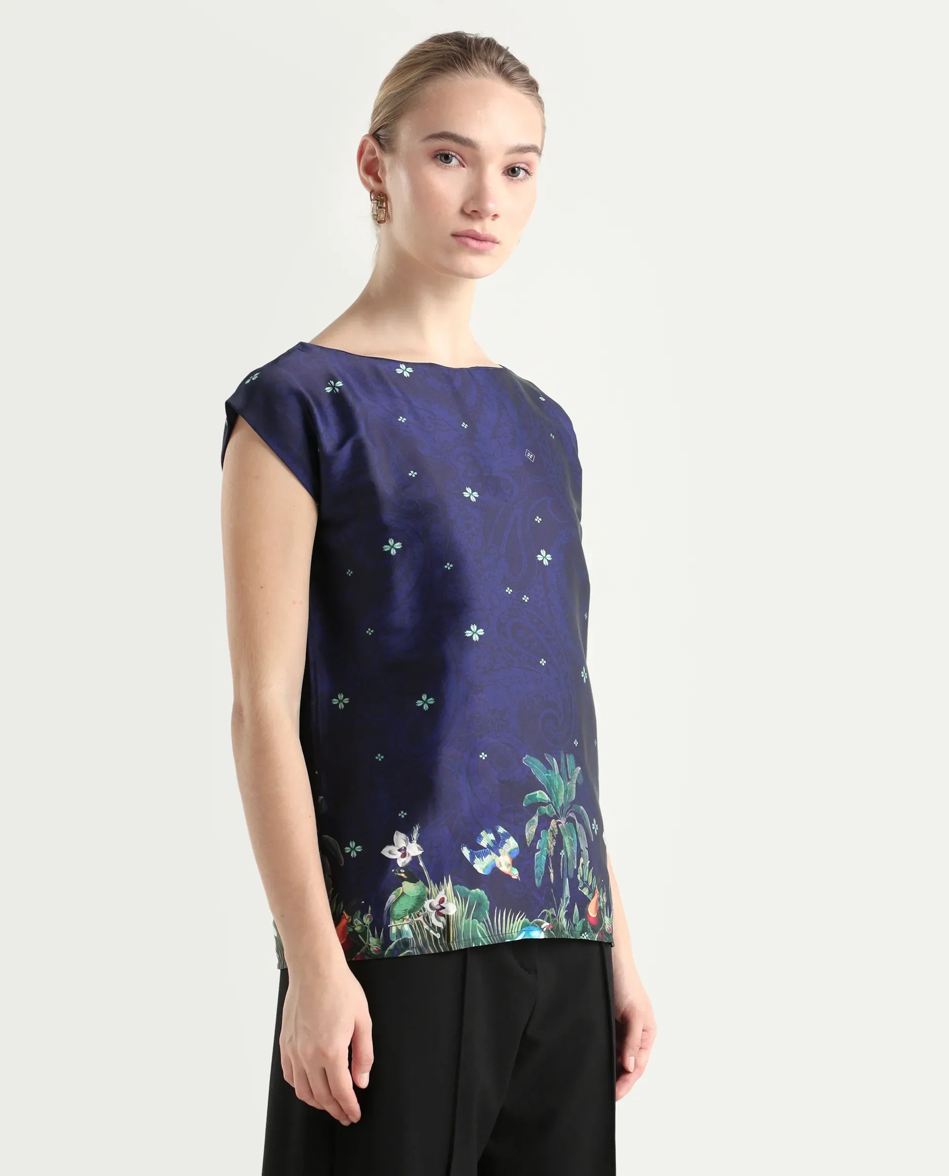 Rareism Women's Kern Navy Polyester Boat Neck Floral Print Extended Sleeves Regular Fit Top