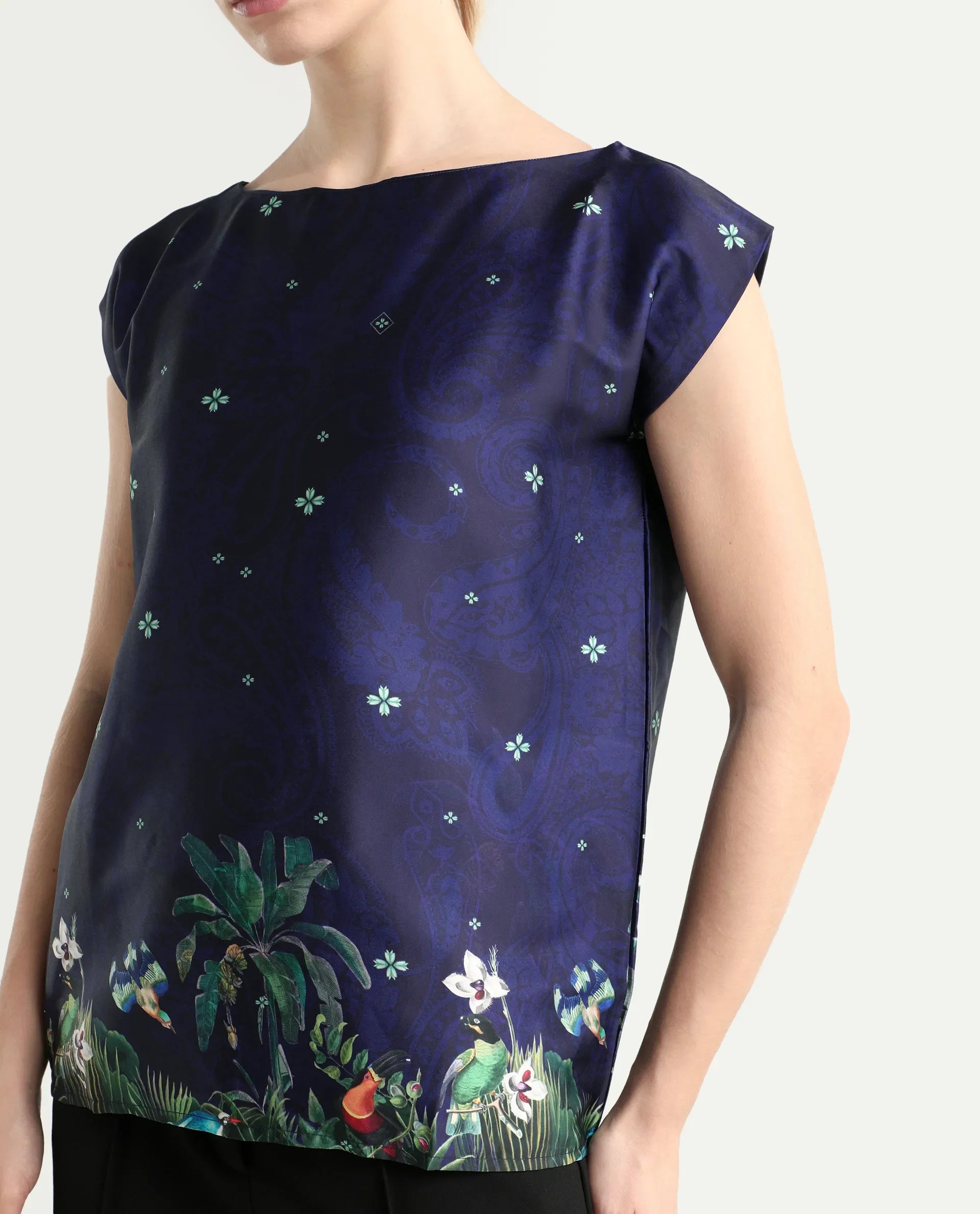 Rareism Women's Kern Navy Polyester Boat Neck Floral Print Extended Sleeves Regular Fit Top