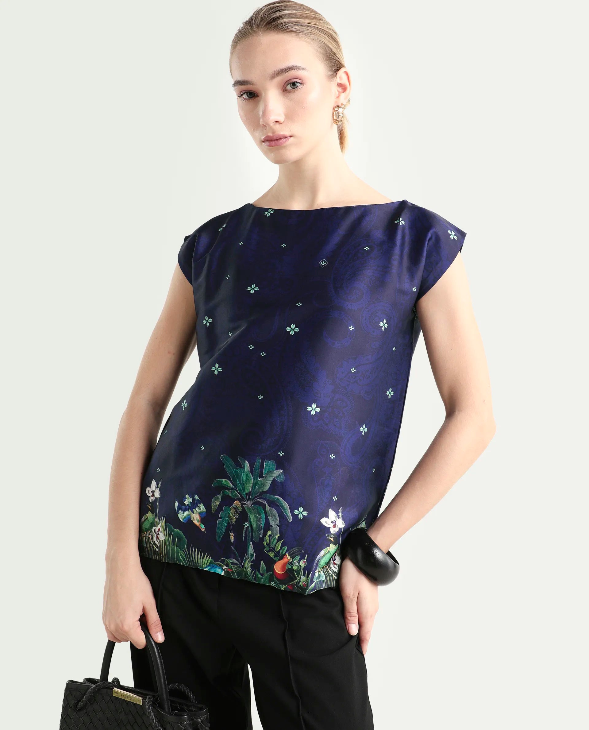 Rareism Women's Kern Navy Polyester Boat Neck Floral Print Extended Sleeves Regular Fit Top