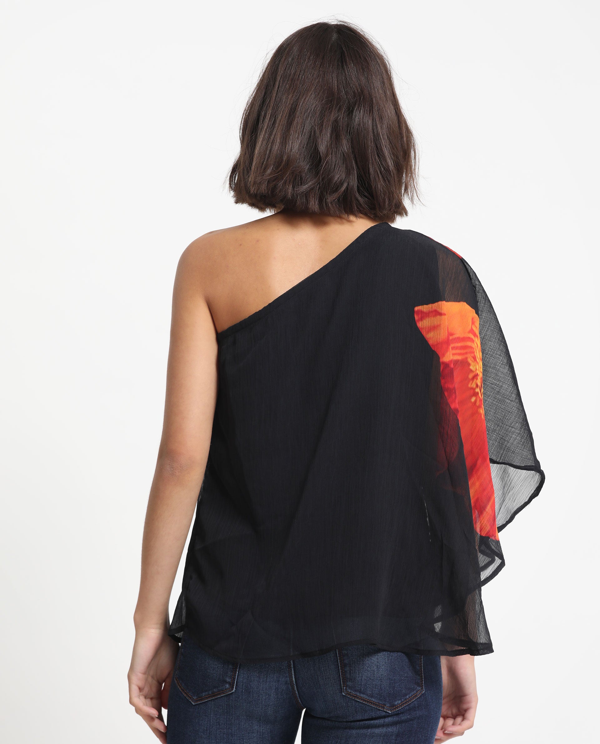 Rareism Women's Kente Black Polyester Tube Neck Floral Print Flared Sleeve Slim Fit Top