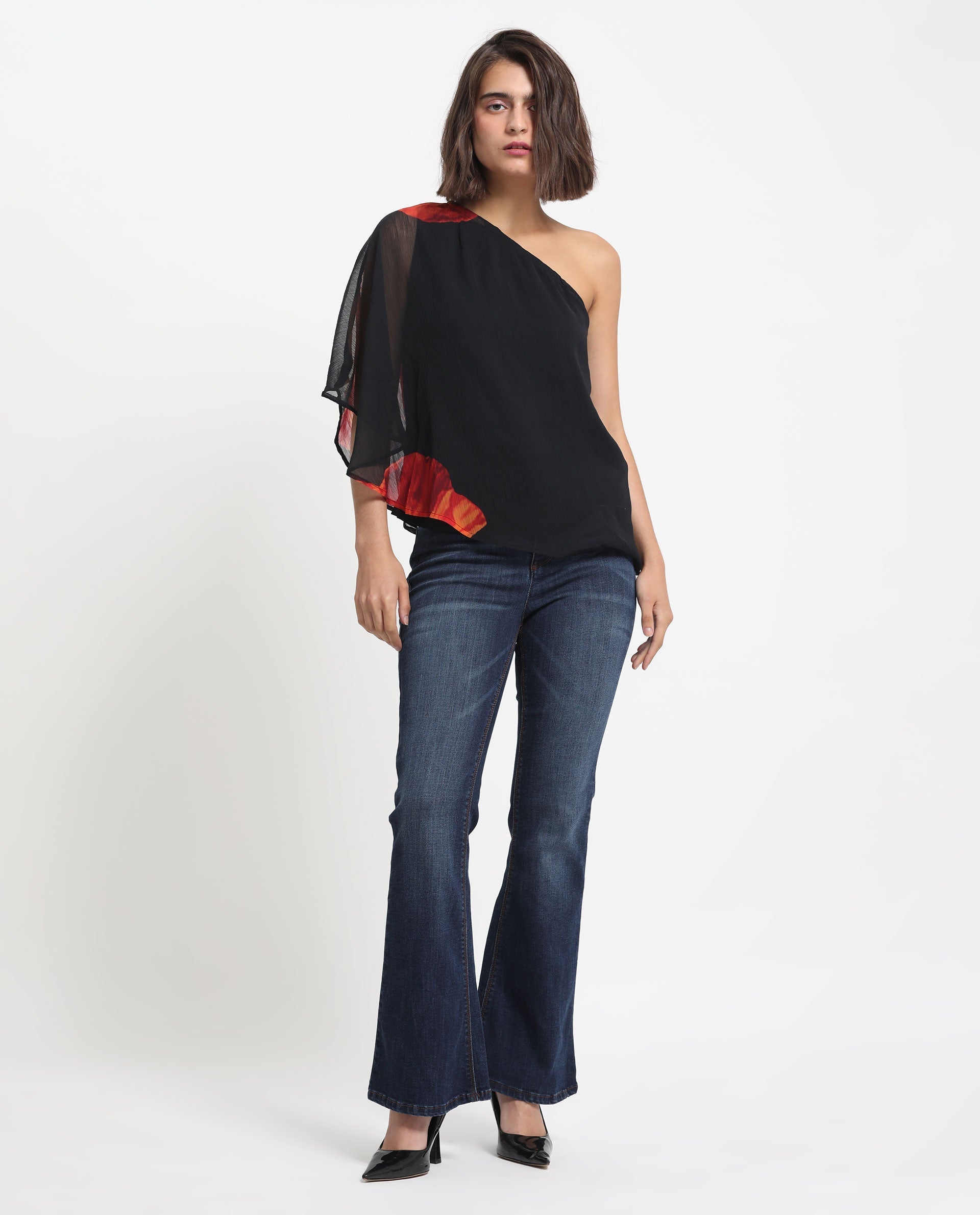Rareism Women's Kente Black Polyester Tube Neck Floral Print Flared Sleeve Slim Fit Top