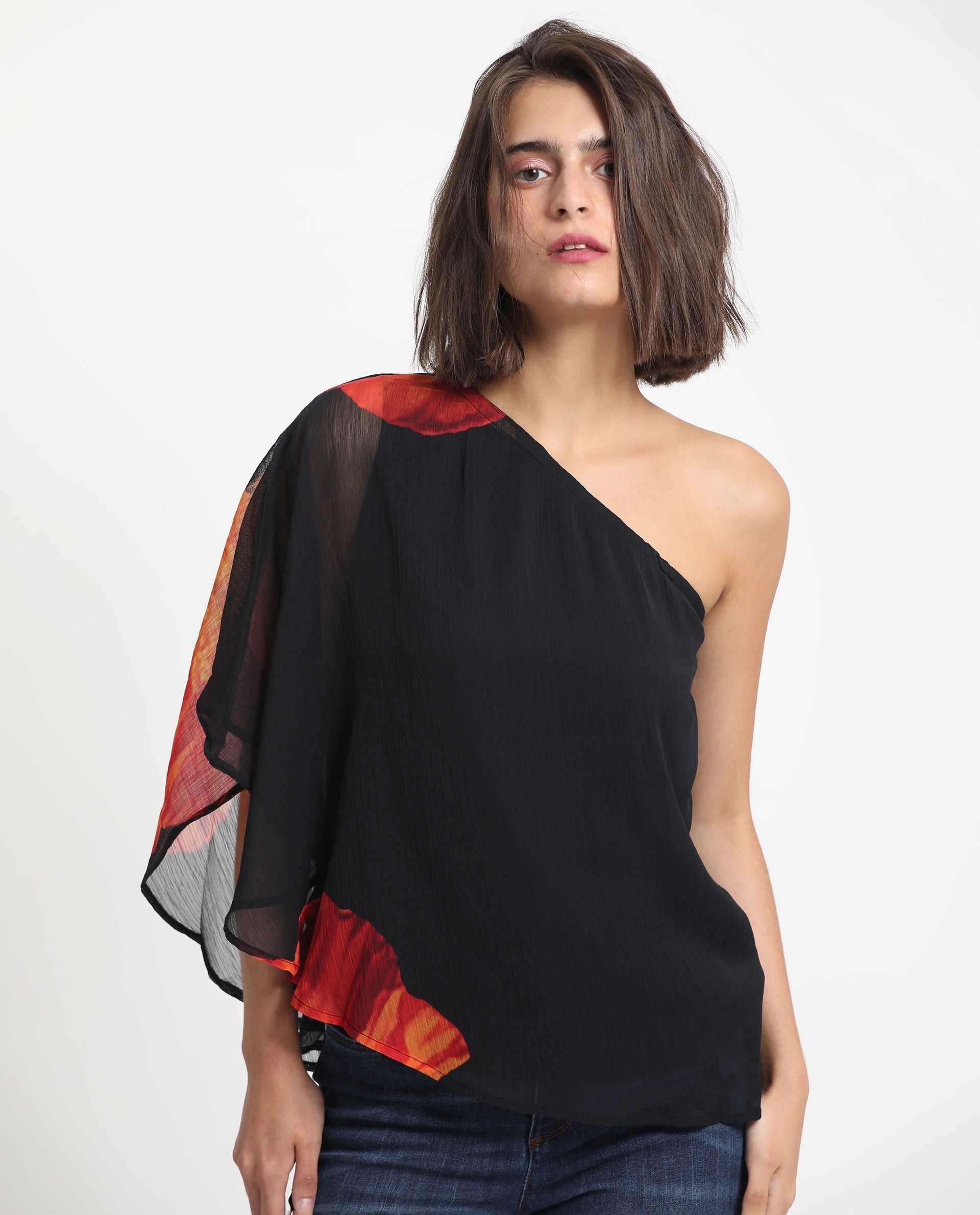 Rareism Women's Kente Black Polyester Tube Neck Floral Print Flared Sleeve Slim Fit Top