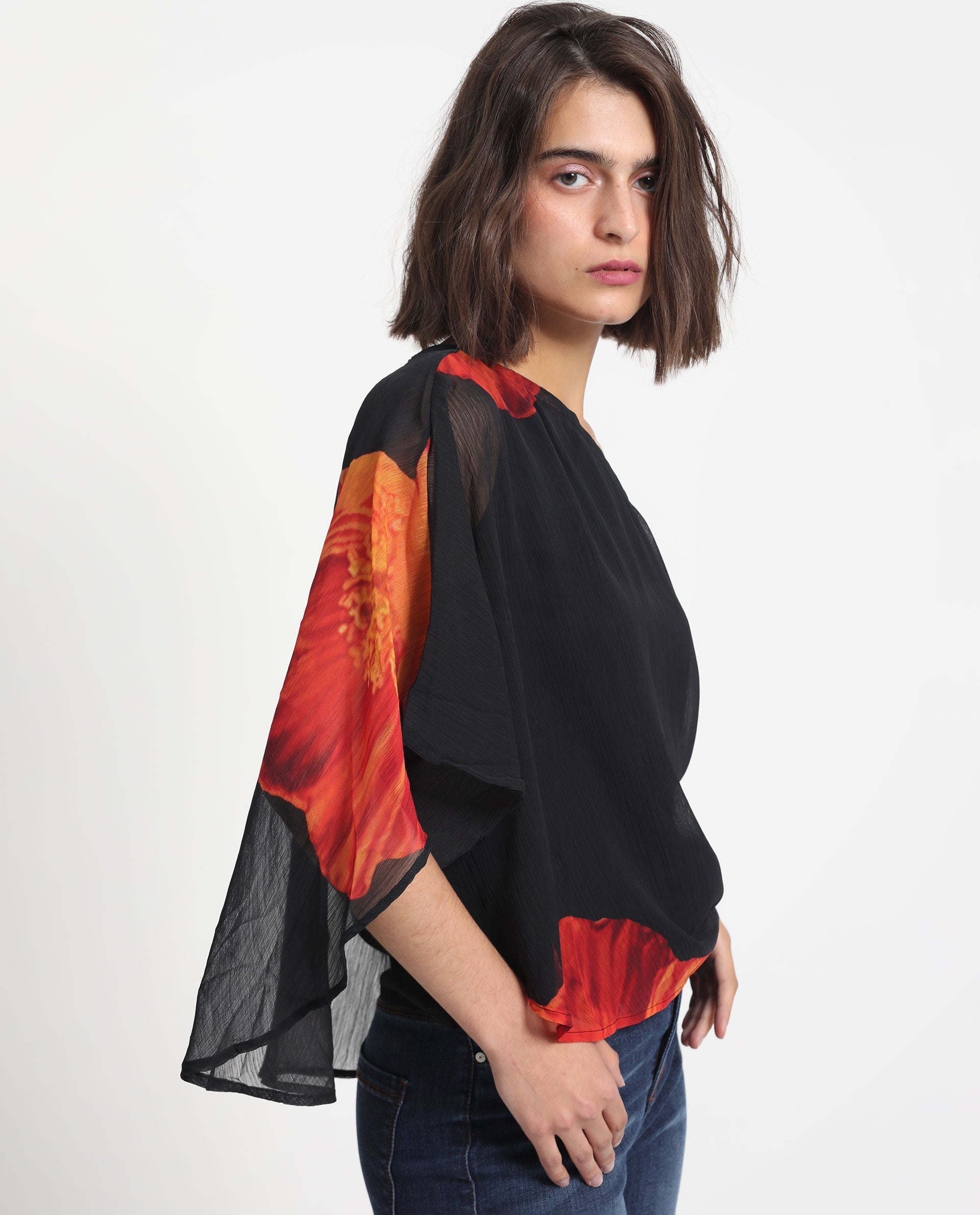 Rareism Women's Kente Black Polyester Tube Neck Floral Print Flared Sleeve Slim Fit Top