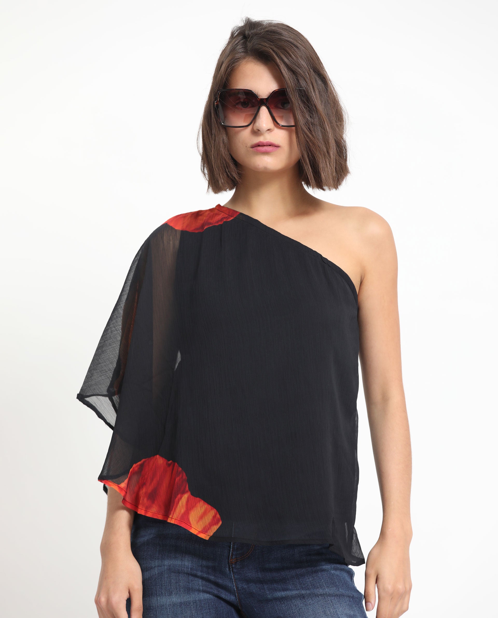 Rareism Women's Kente Black Polyester Tube Neck Floral Print Flared Sleeve Slim Fit Top