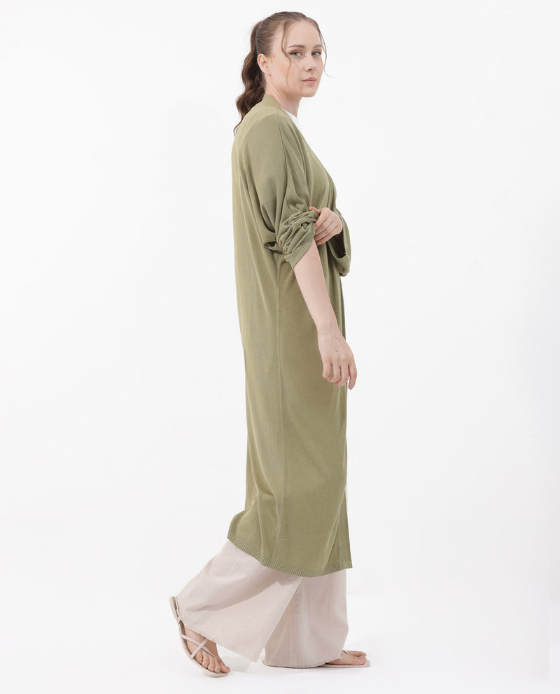 Rareism Women Keya Pastel Green Cotton Fabric Full Sleeves Extended Sleeve Relaxed Fit Plain Midi Shrug