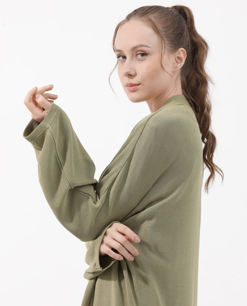 Rareism Women Keya Pastel Green Cotton Fabric Full Sleeves Extended Sleeve Relaxed Fit Plain Midi Shrug